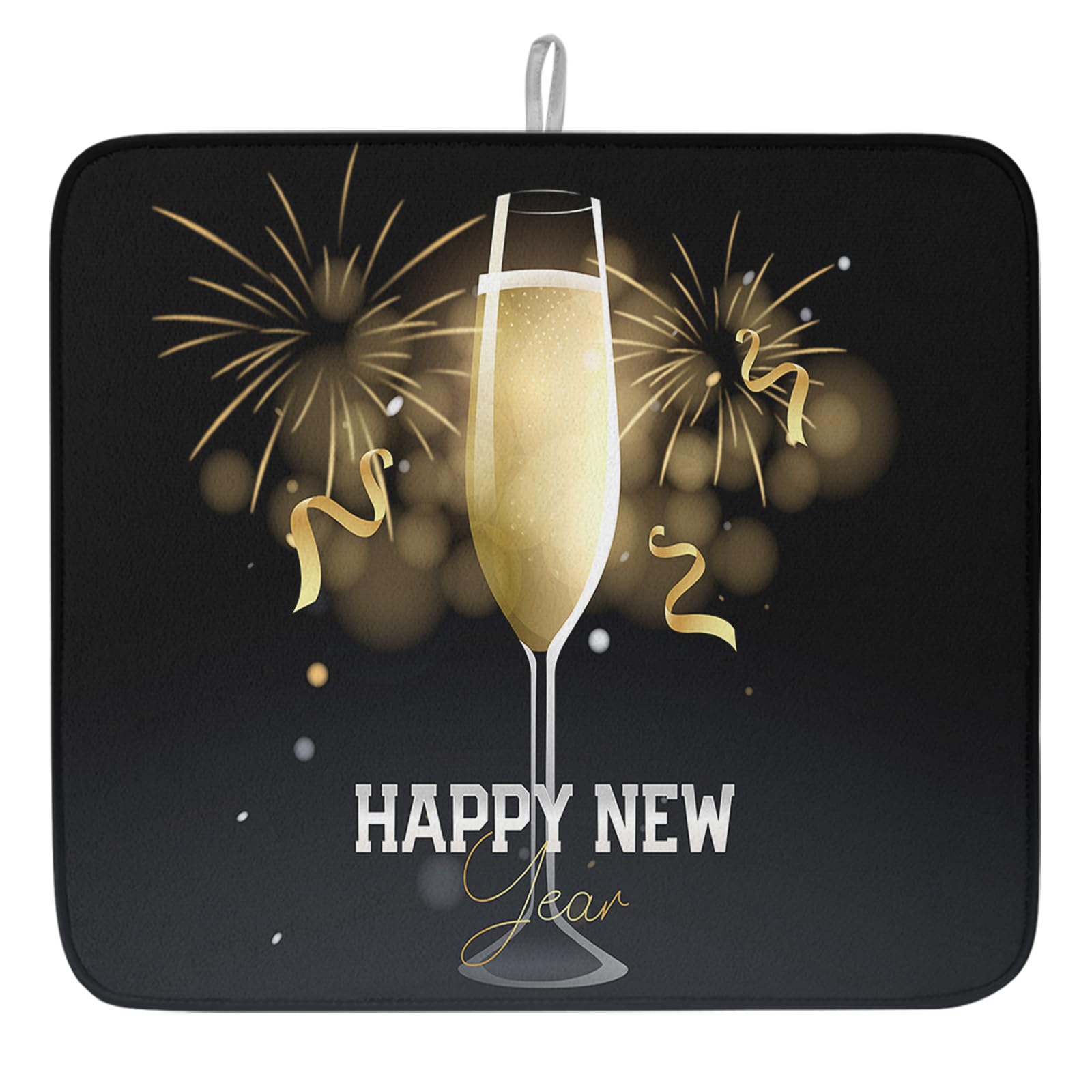 Happy New Year Dish Drying Mat for Kitchen Counter, Microfiber Rack Pads, Celebration Fireworks Ribbons Yellow Absorbent Dish Bottle Drying Mat, 18''