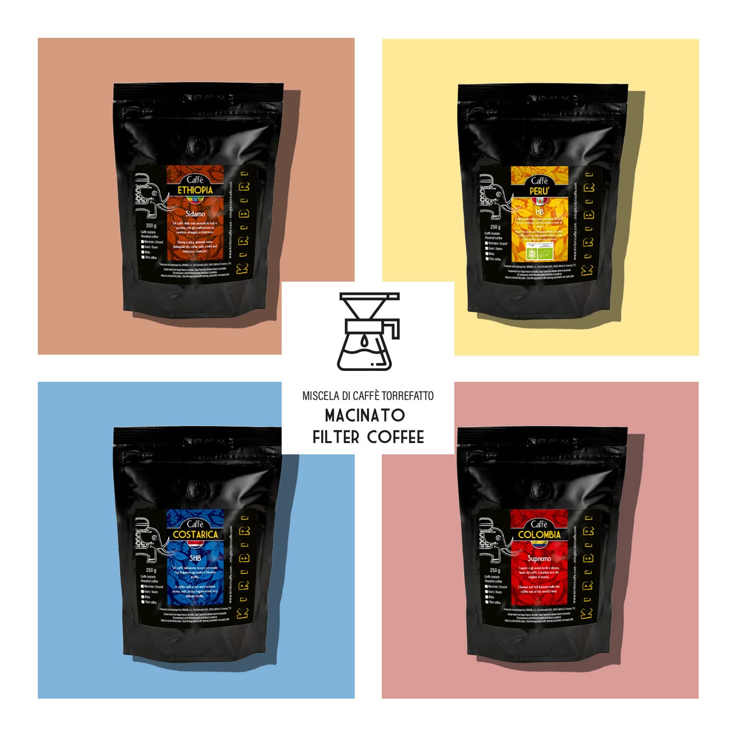 KIRIBIRI Caffè Specialty Monorigine 100% Arabica - Confezione 4 x 250g - Colombia, Costa Rica, Perù Biologico, Etiopia - Macinato per Filter Coffee