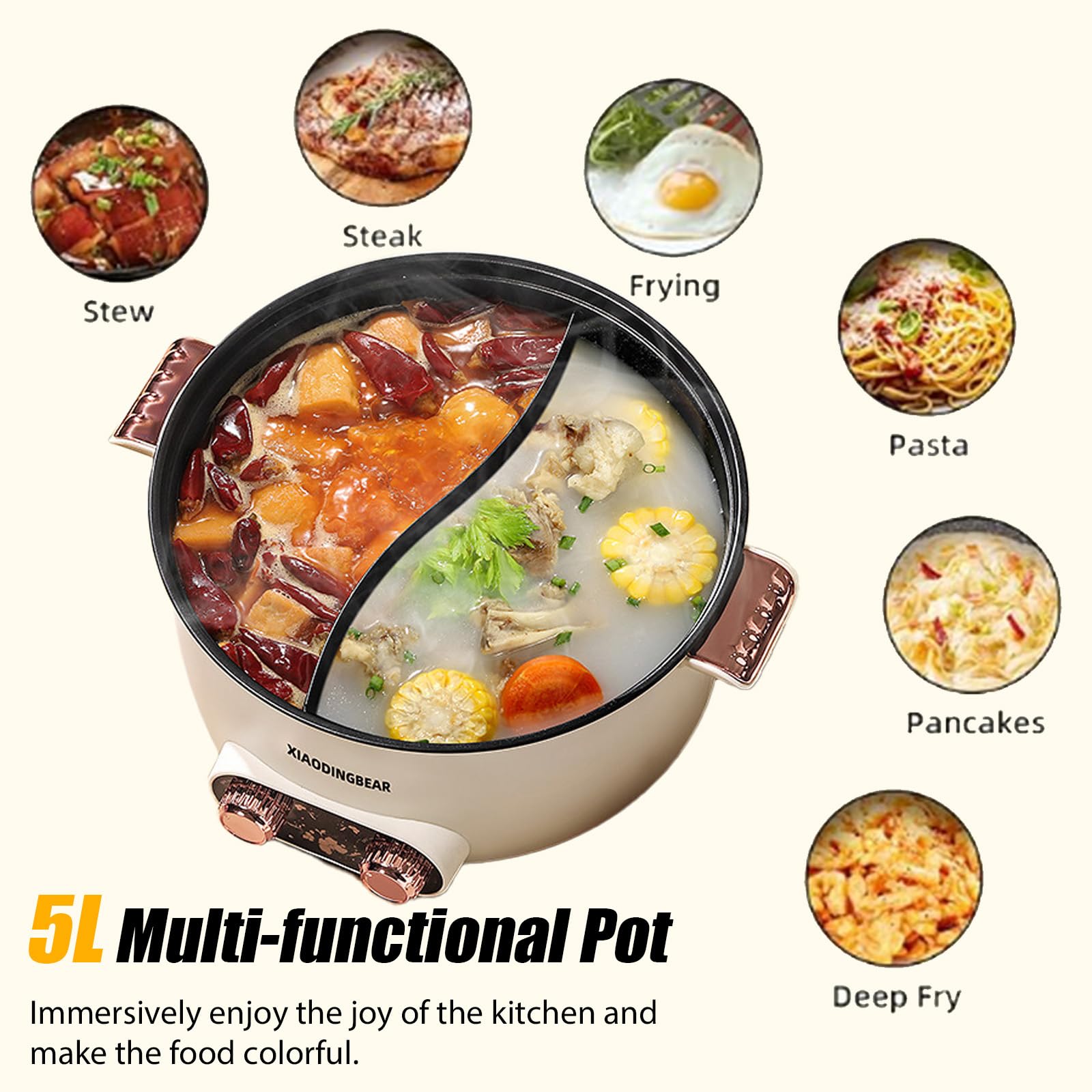 Hot Pot, pentola elettrica da 5 l, riscaldamento rapido, doppia manopola, 1350 W, rivestimento antiaderente, 3 livelli temperatura, zuppa pasta bistecca