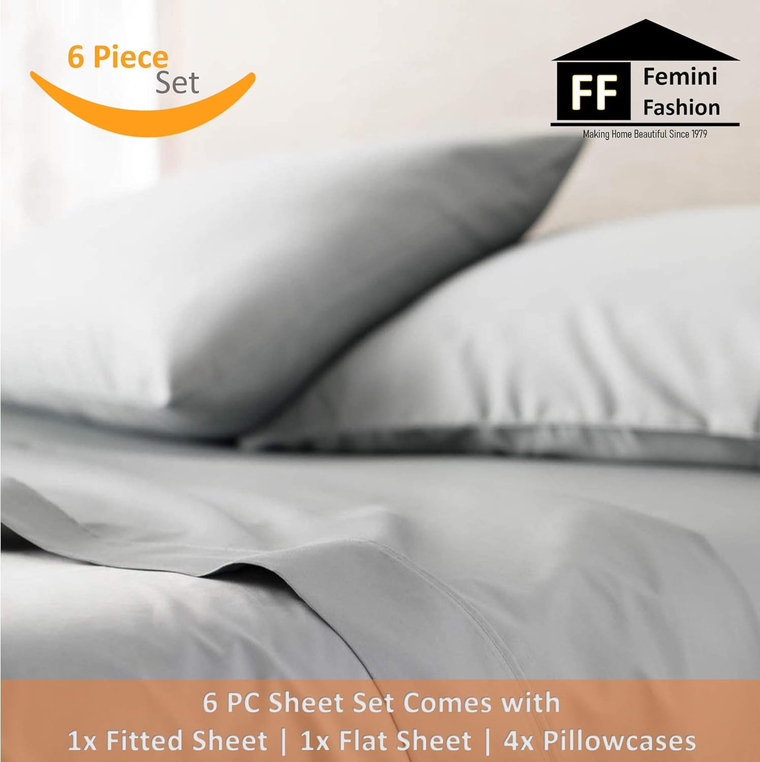 Femini Fashion 6 Piece Sheet Set 100% Giza Egyptian Cotton Sheets, Giza-Bed Sheet-Pillow, 1000-TC Long-Staple-Cotton, Sateen Weave Soft Silky Feel, Fits Mattress Upto 18" Deep Pocket- (Queen-Taupe)