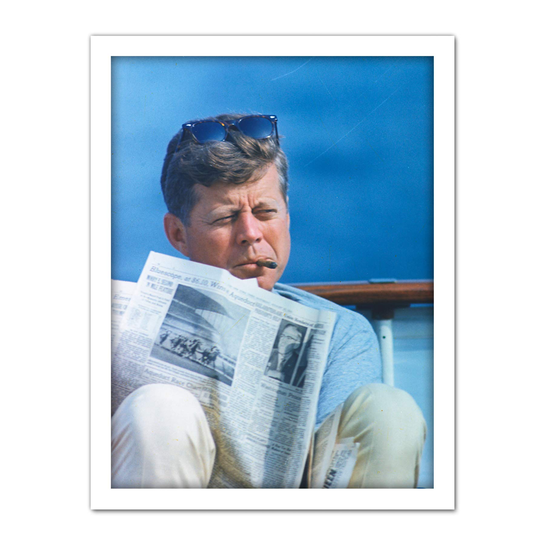 President JFK Kennedy Cigar Newspaper Photo Artwork Framed Wall Art Print 18X24 Inch
