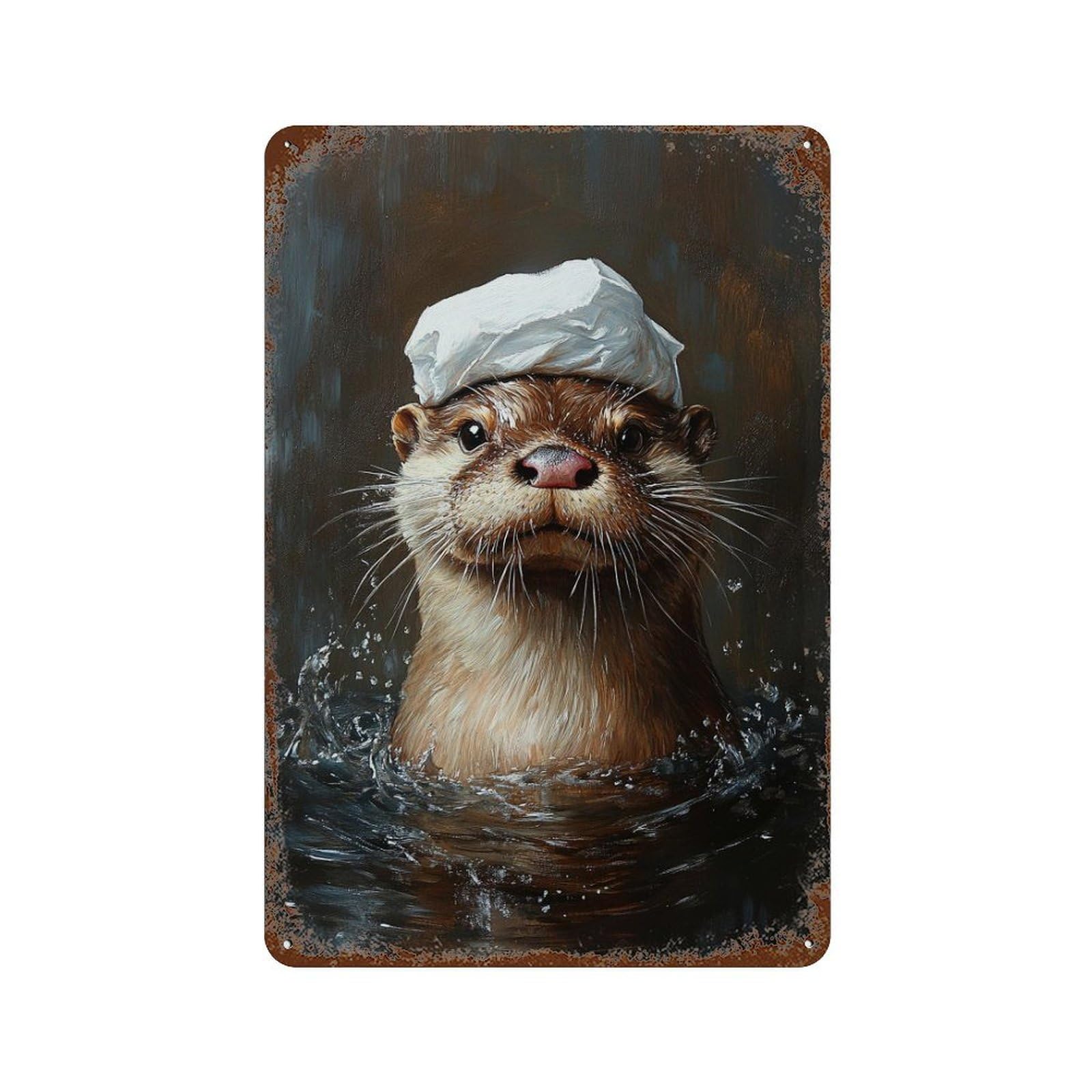 Otter in Sailor Hat Painting-1 Rusty Metal Tin Sign 11.8"x7.9", Rustic Home Decor for Garage, Pub Or Kitchen