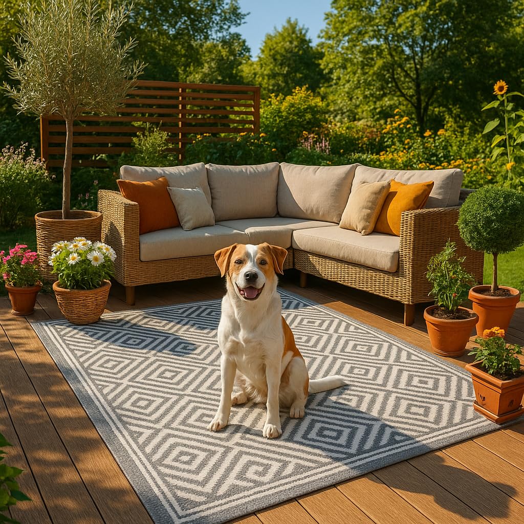 KAMACA Outdoor Teppich Raute wetterfest UV beständig wendbar für Balkon Terrasse Garten Wohnmobil Camping Robuste und Pflegeleichte Campingmatte für alle Außenbereiche (Teppich 120 x 180 cm grau)