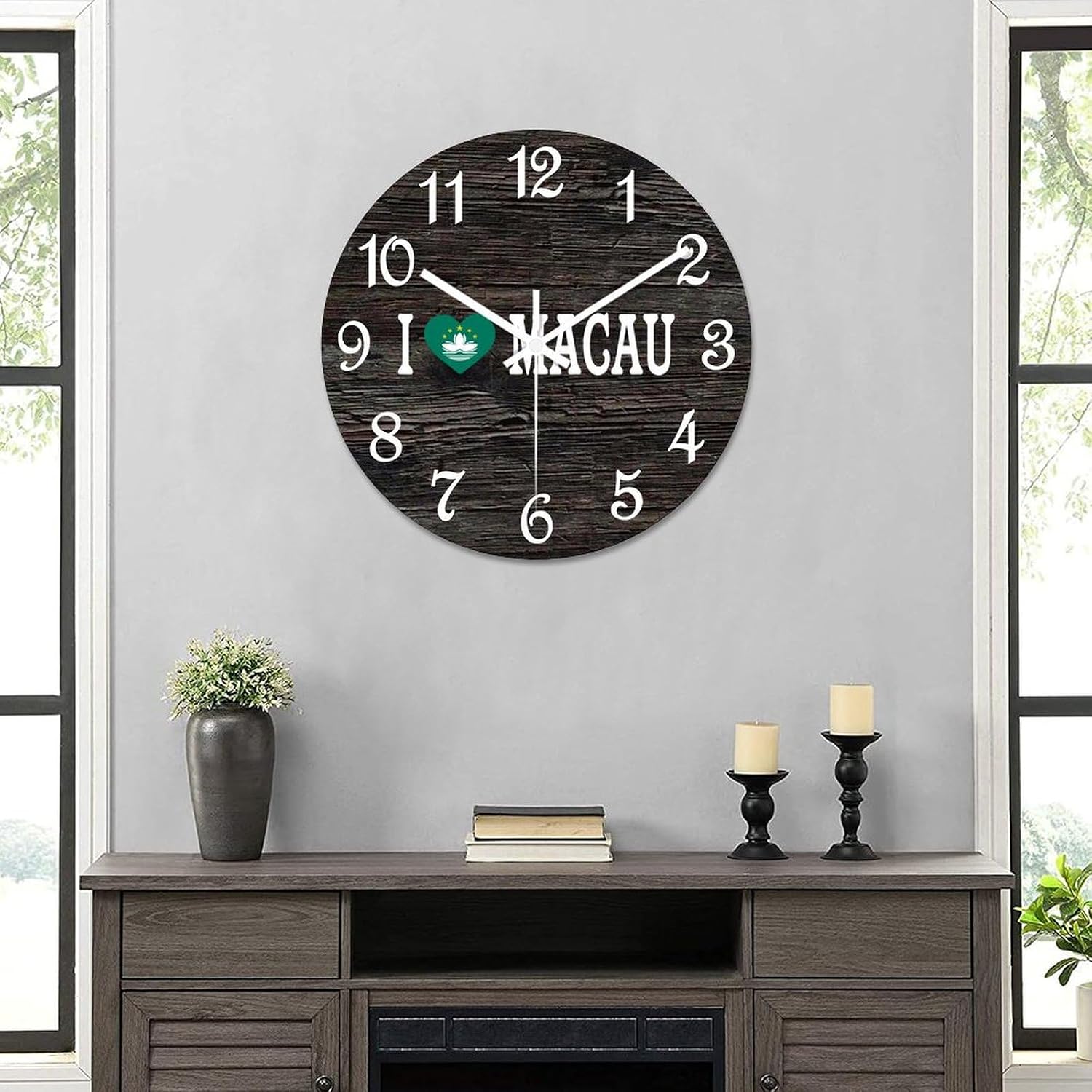 I Love Macau Wooden Wall Clock Flag of Macau Hanging Wall Clock Battery Operated Non-Ticking Sweep 15 Inch Rustic Chic Farmhouse Wall Clock for Wall Laundry
