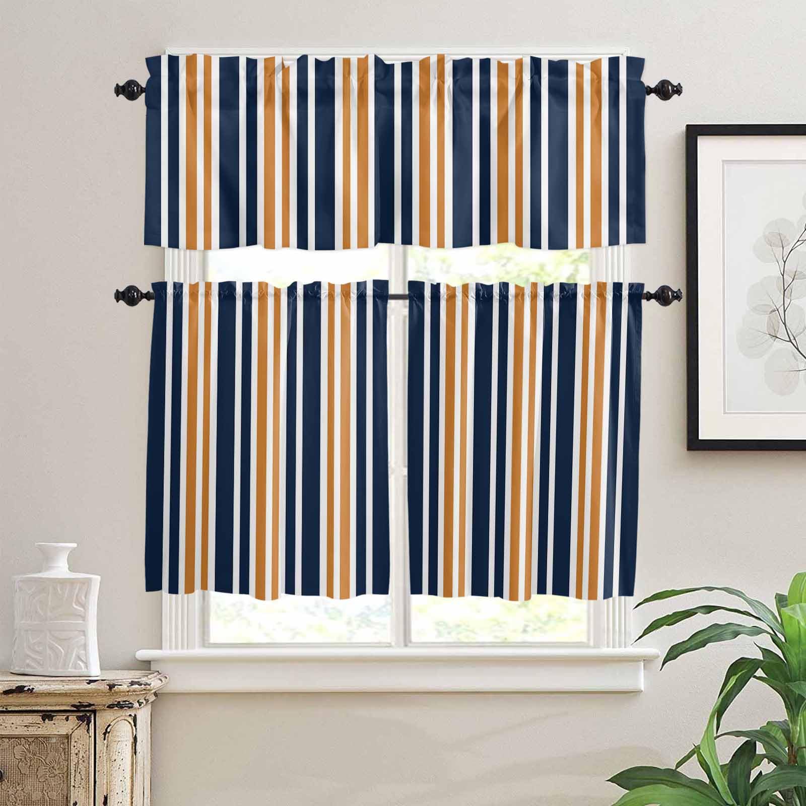 Orange Navy Blue Striped Kitchen Curtains 24 Inch Length,3 Piece Rod Pocket Small Half Tiers and Valance Set,Modern Minimalist Ombre Lines Small Large Window Treatment Decor for Bedroom/Bathroom Sink