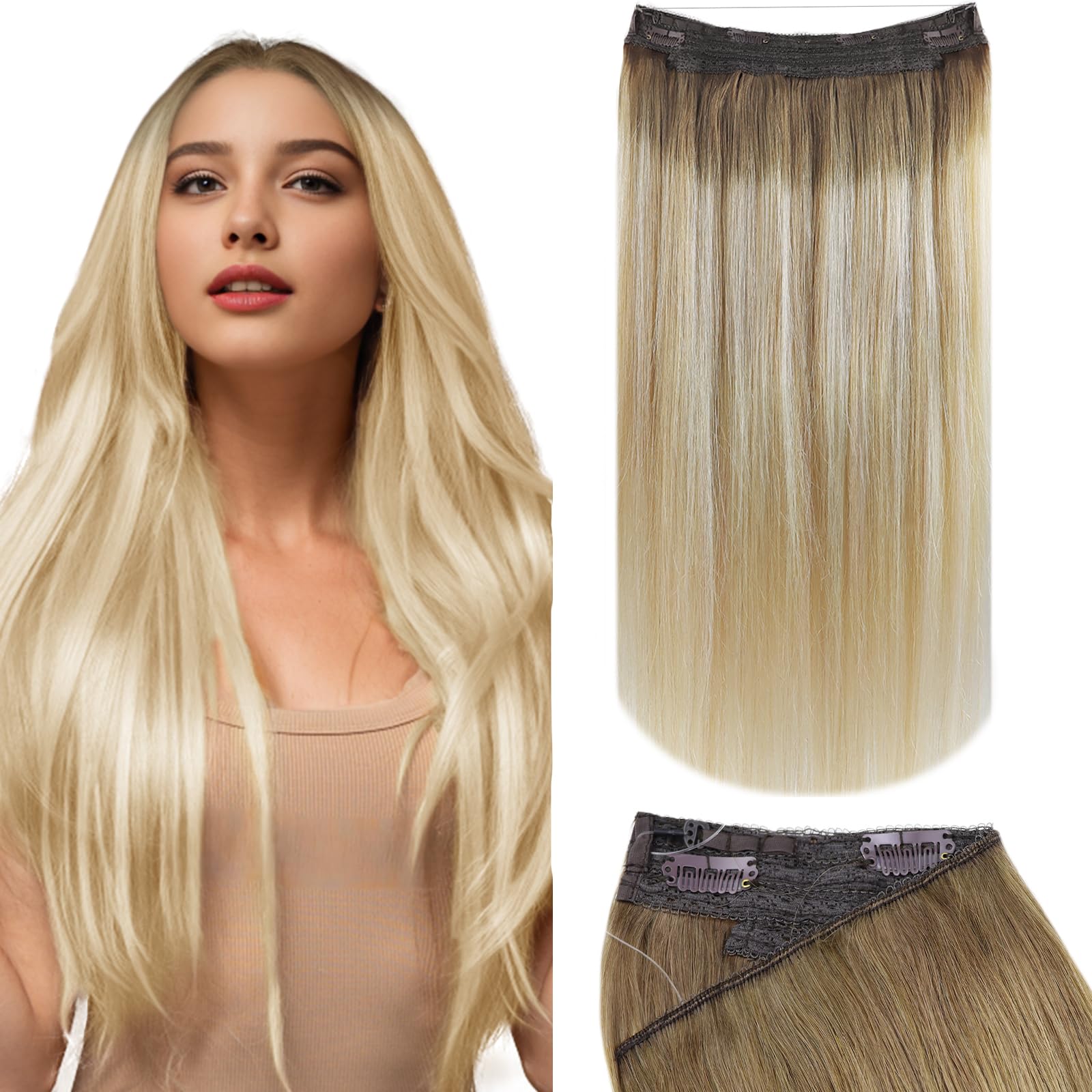 Fshine Filo Invisibile Capelli Veri Dei Capelli Umani Reale 127G 18 Pollici Extension Capelli Veri Castano Medio Che Sfuma Nel Biondo E Nel Biondo Wire Capelli Veri Remy Lisci #6/27/60