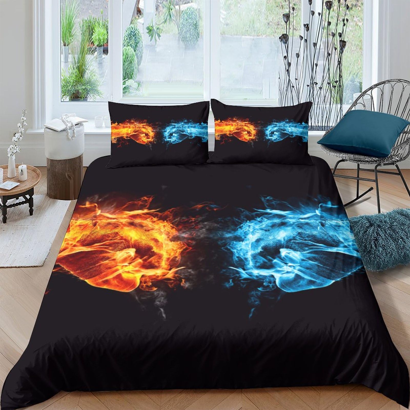 Ctjqhvkz Style-6 3D Printed Fire And Ice Fitted Sheet Microfiber Soft Slip-Resistant Water Blue Flame Bed Cover For Bedroom Dorm Decor Single（135X200cm）