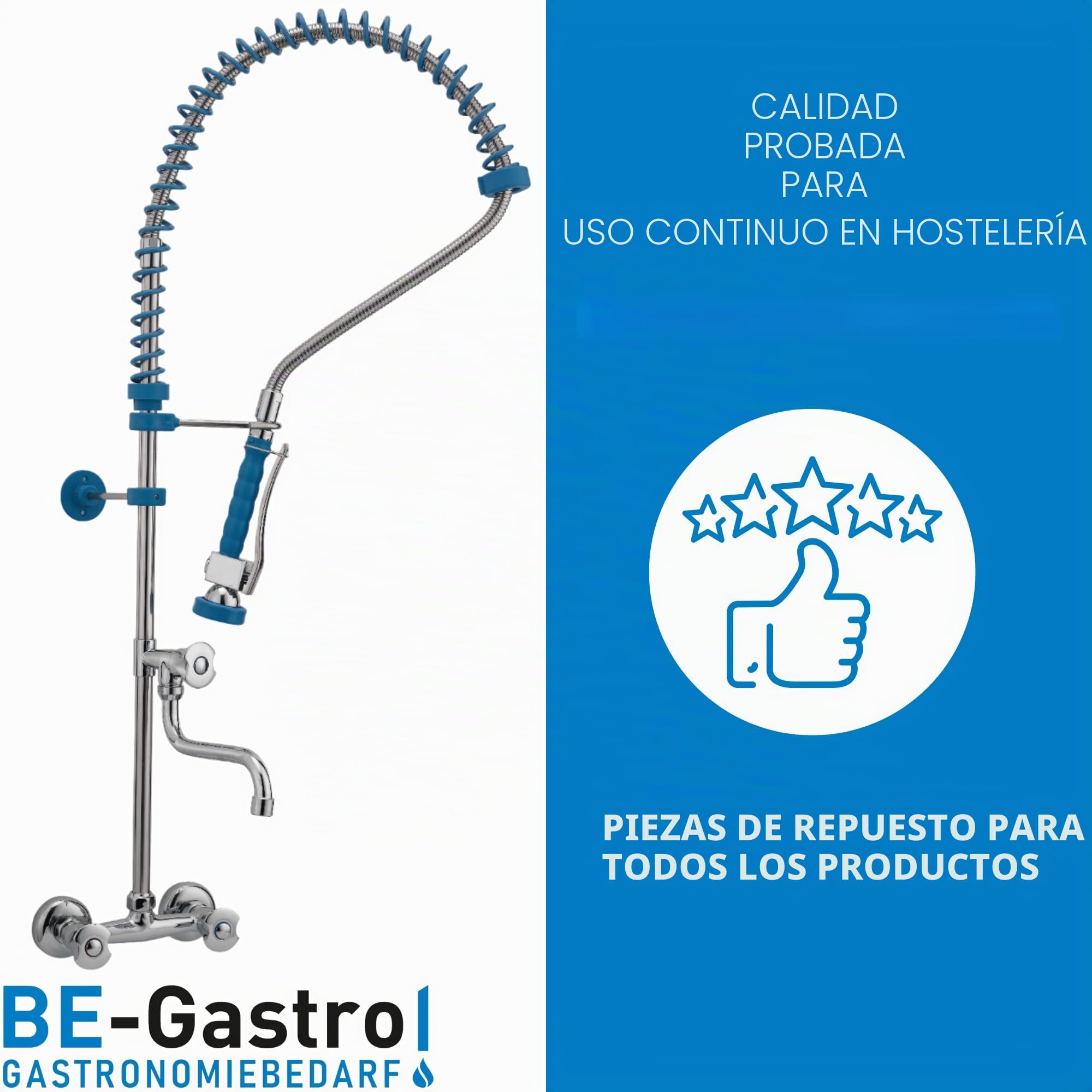 BE-GASTRO I Grifo Industrial Hostelería - Grifo de pared con dos orificios (incluye grifo, grifo mezclador y mango giratorio ergonómico), color azul