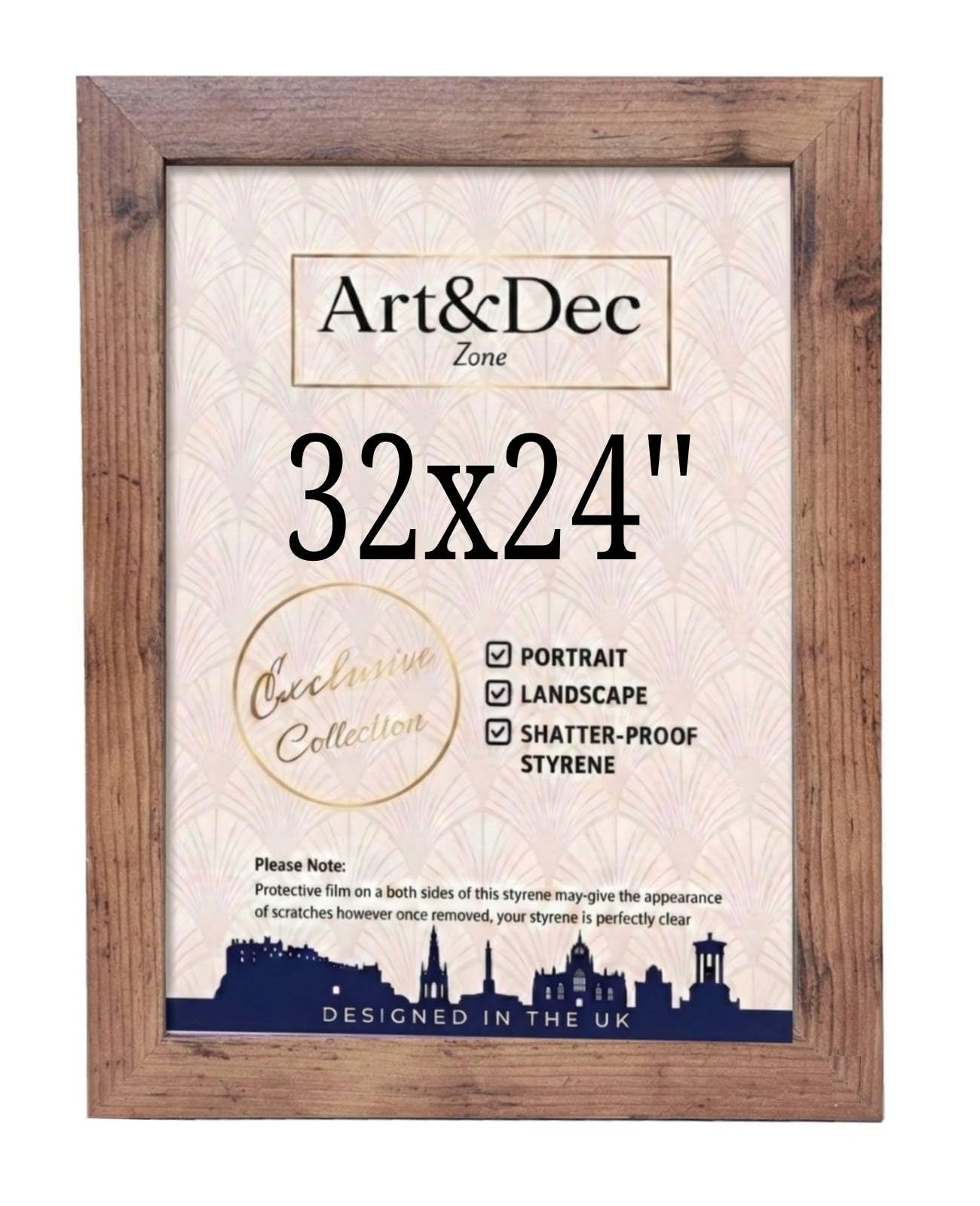 Art & Dec Zone® Vintage-style Rustic MDF Picture Frame 32x24 Inch – High-Clarity Shatter-Proof Acrylic Poster Holder for Modern Wall Decor