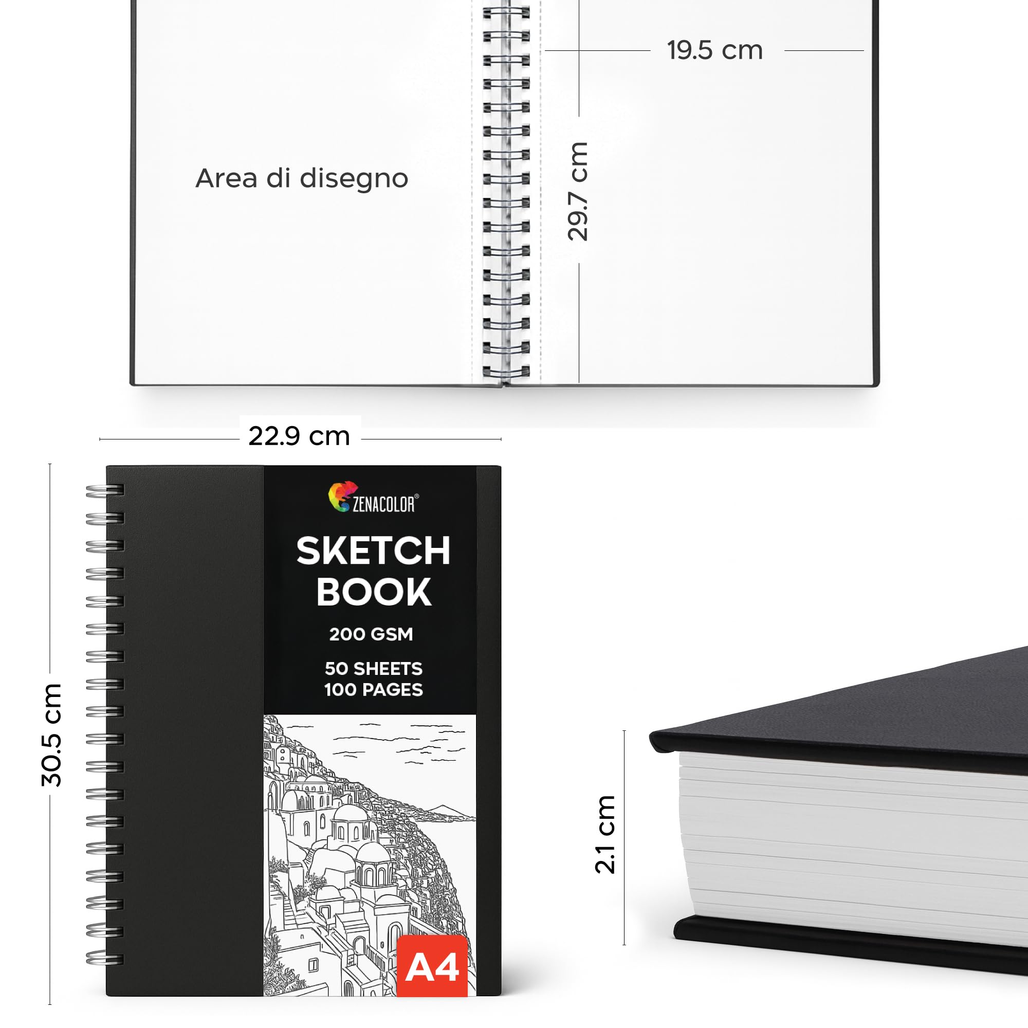 Zenacolor Sketchbook A4 - Copertina Rigida, Carta Spessa 200 g/m², 50 fogli / 100 pagine - Album da Disegno a Spirale, Quaderno da Disegno per Bambini, Amatori e Professionisti