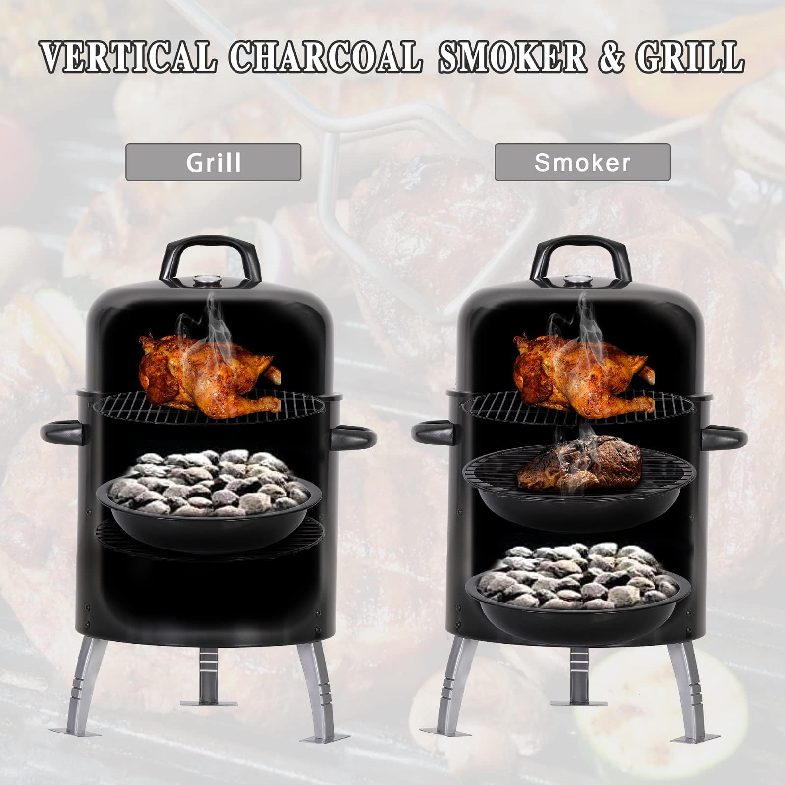Sophia & William 17" Vertical Charcoal Smoker Grills with Two-Tier Grates, Heavy-Duty Integral Chamber and Tunnel Ventilation System for BBQ, Patio, Outdoor Camping(Black)