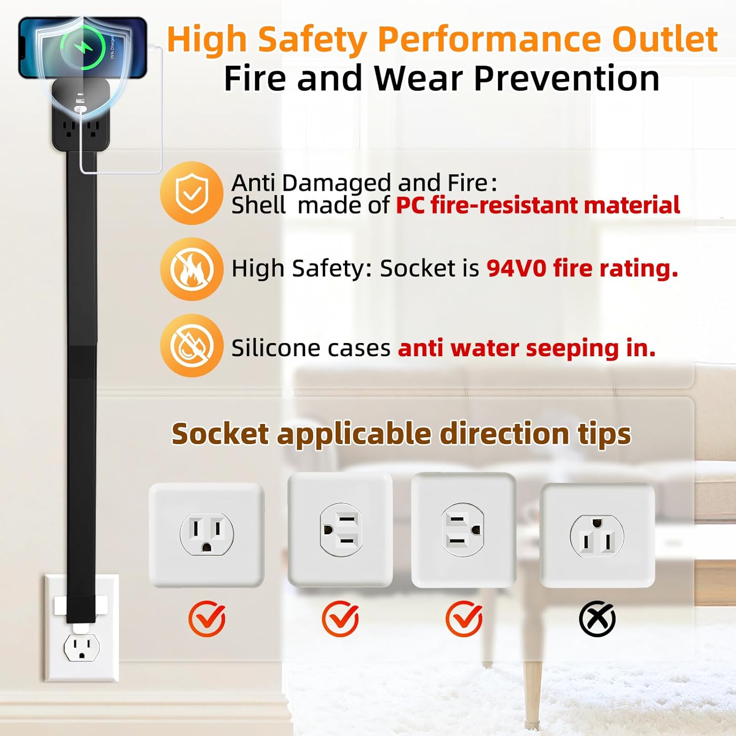 Outlet Extender 17-41in，USB-A&USB-C Wall Outlet Extender Made of Fireproof Material，Wall Plug Extender Anti-Wires-Chaos，Upgrade Insert Fixed More Stable，Suit for Outlet Behind Bed, Desk, Sofa（Black）