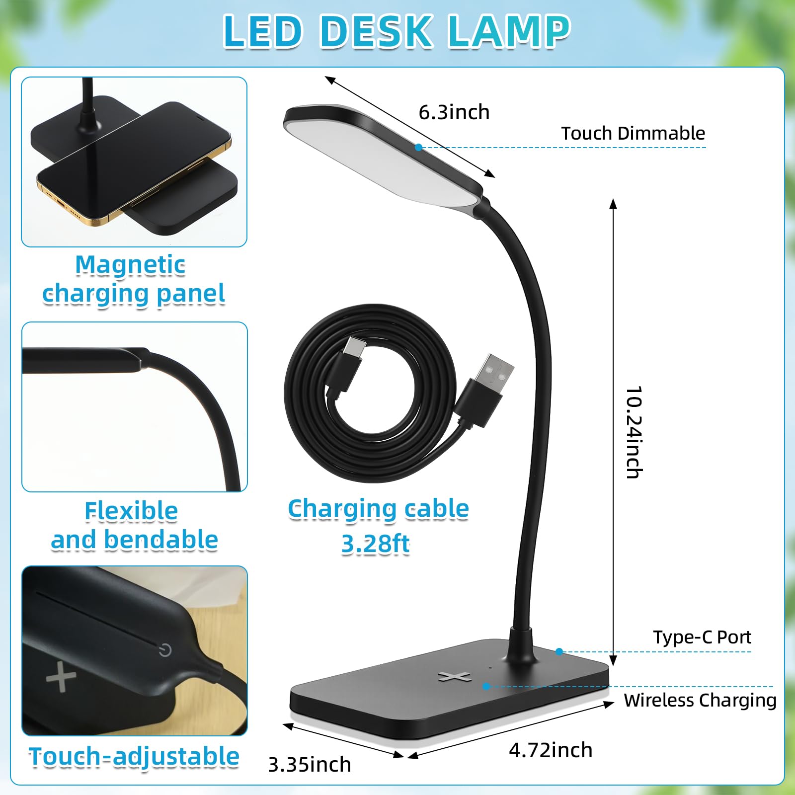 Juego de 3 artículos esenciales para dormitorio universitario con 1 paquete de 8 bolsillos de malla portátil, 1 lámpara de escritorio LED plegable con puerto de carga tipo C, 1 juego de 4