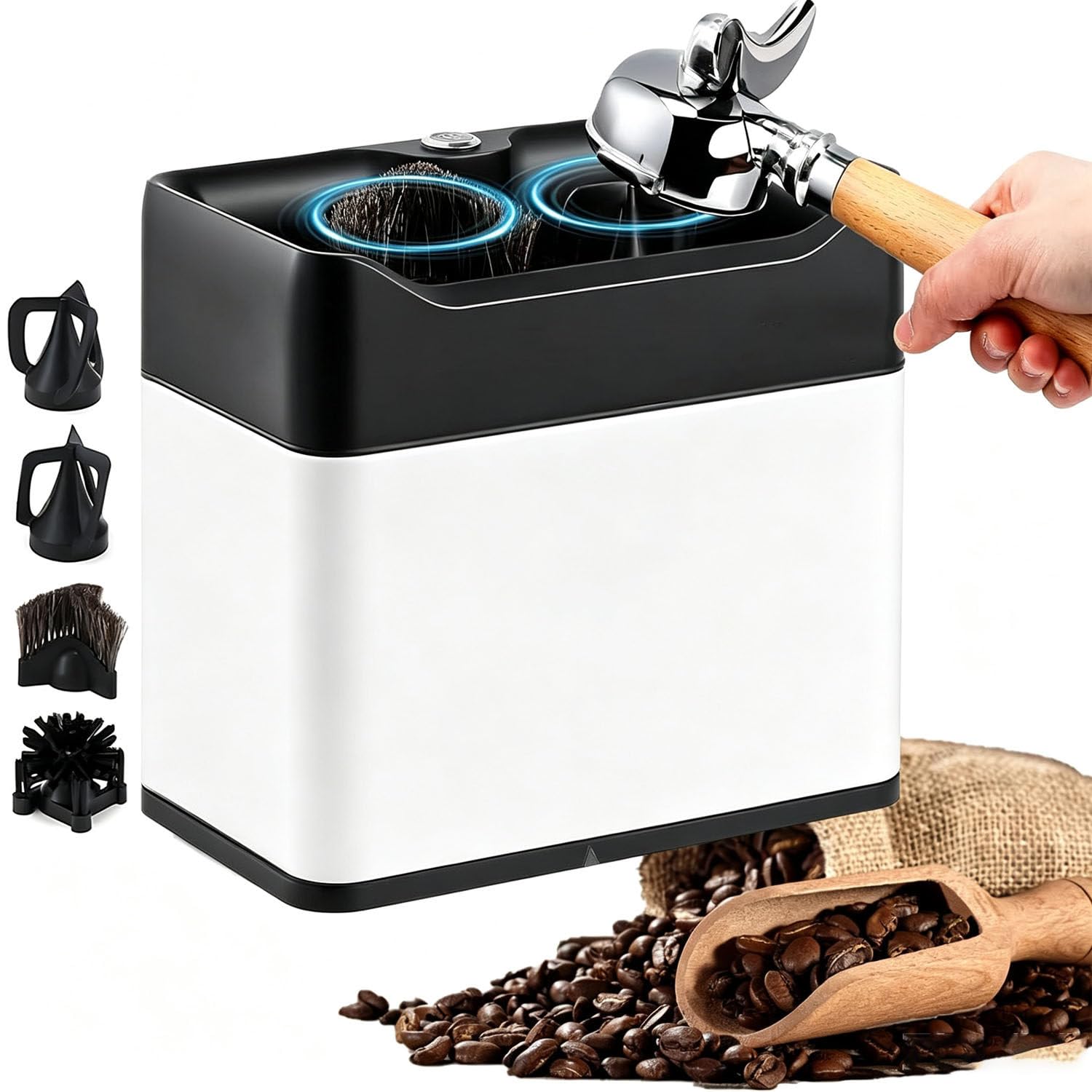 Limpiador eléctrico de portafiltros de 58 mm con Doble Cabezal de Cepillo White | Diseñado para la limpieza rutinaria de máquinas de espresso, incluye dos raspadores, tres opciones de instalación.