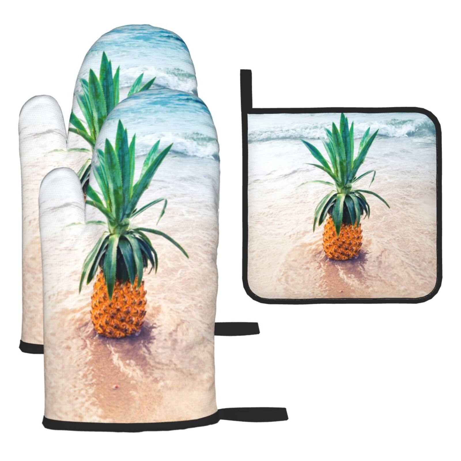 Pineapple By The Sea Print Oven Set Kitchen Gloves Baking Grilling Microwaving Cooking Gift Everyday Holiday