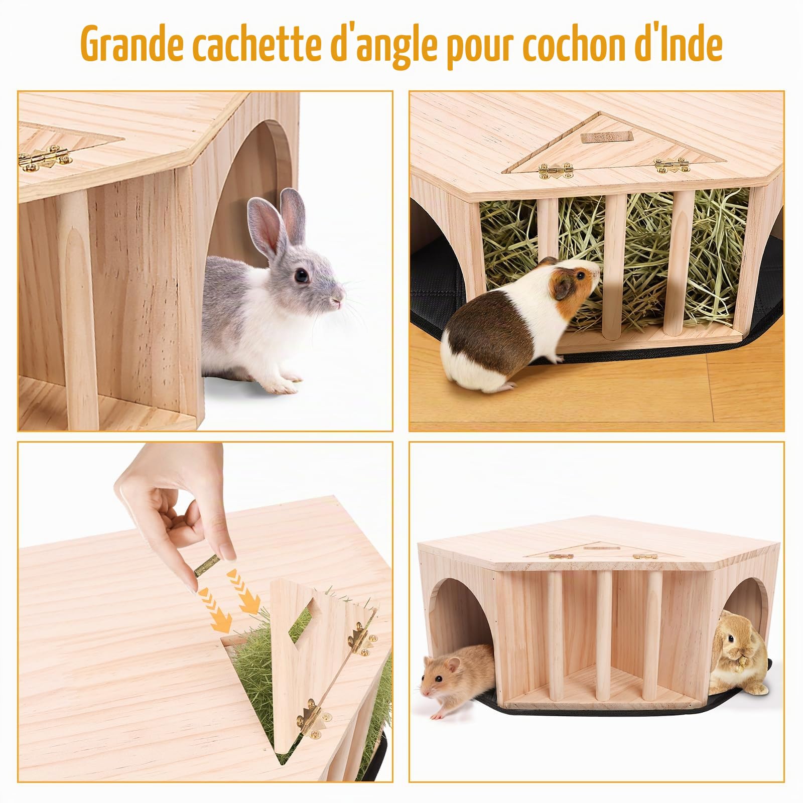Kalolary Cachette d'angle en Bois pour Cochon d'Inde avec Tapis d'urine, cachette pour Petits Animaux avec mangeoire à Foin, Double entrée, cachette pour Hamster, Lapin, Chinchilla, gerbilles naines | avec Tapis d'urine cachette pour Petits Animaux avec m
