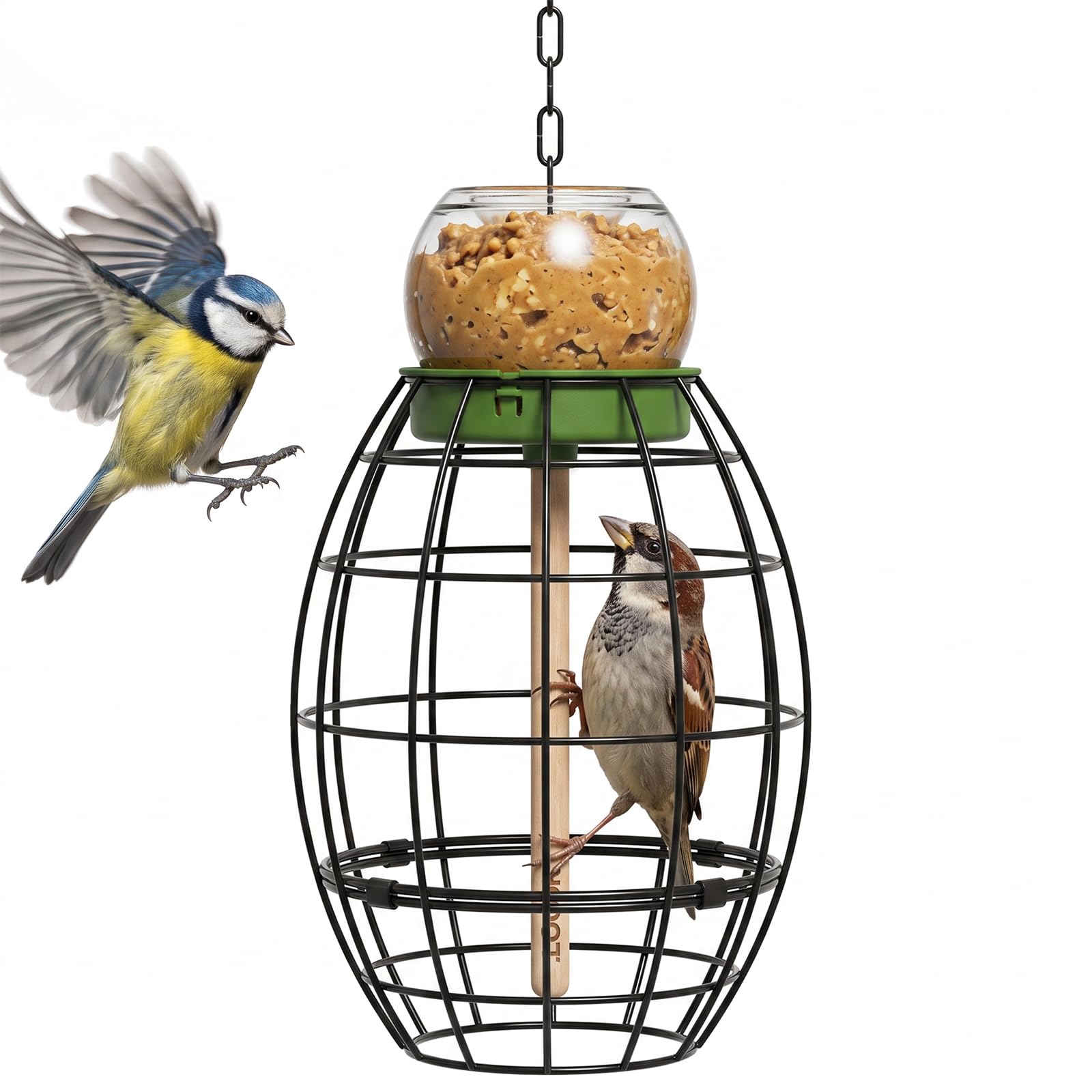 LONA Squirrel Proof Bird Feeder for Outdoor, All-Weather Metal Caged Bird Feeder for Small Birds with Peanut Butter Jar Holder and Perches, Oval Cage (1 Feeding Unit)
