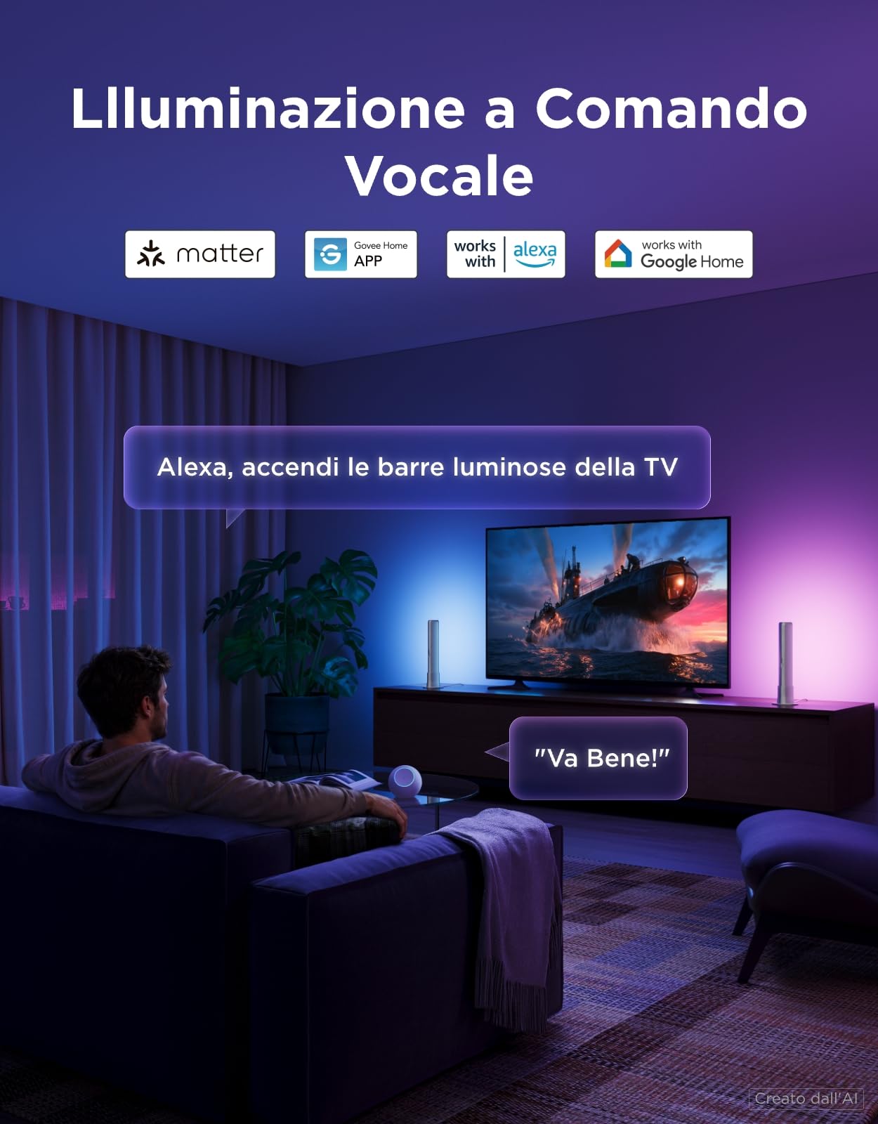 Govee Barre Luminose a LED Intelligenti, Retroilluminazione RGBICWW per TV | 64 Modalità Scena per Atmosfera, Giochi , Sincronizzazione Musicale, Compatibili con Alexa, Matter e Google Assistant,Argento