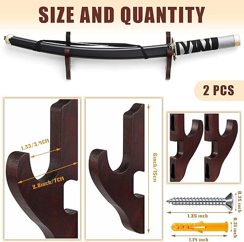 Miniatura 2 de Chunful Soporte para espada de montaje en pared, 2 piezas, soporte para espada, soporte de 1 nivel, soportes de madera ajustables para samuráis