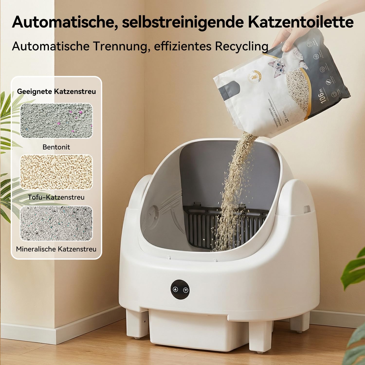 Selbstreinigende Katzentoilette, Katzenklo Selbstreinigend mit Sicherheits Geruchskontrolle, Automatischer App-Steuerung für Katzen, Inklusive Katzenstreumatte,Müllbeutel und Duftbox, Weiß