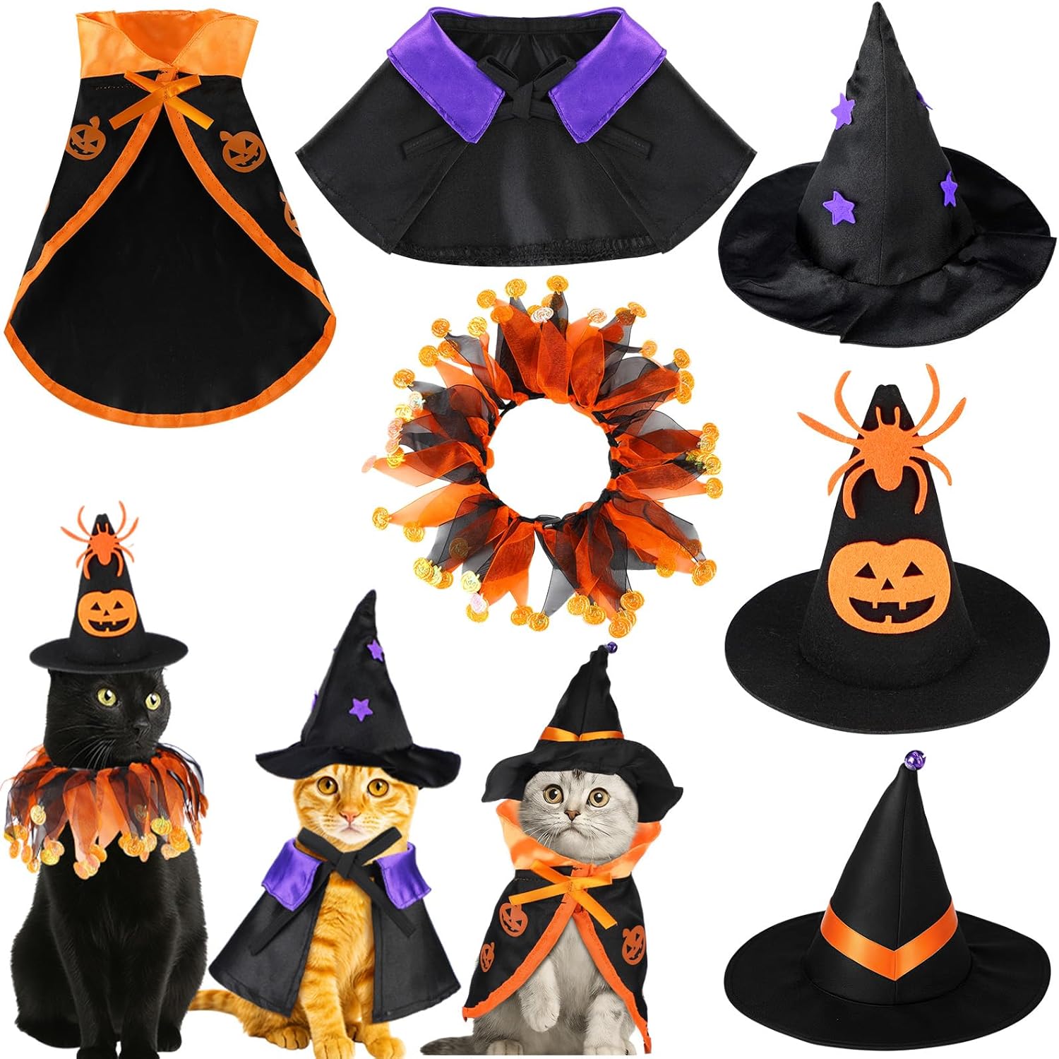 Huhumy 6 Pcs Halloween Pet Costume Cat Witch Halloween Costume Wizard Cat Clothes Cloak with Tutu Collar and Hat for Small Kitten Dogs Cosplay Party Decor