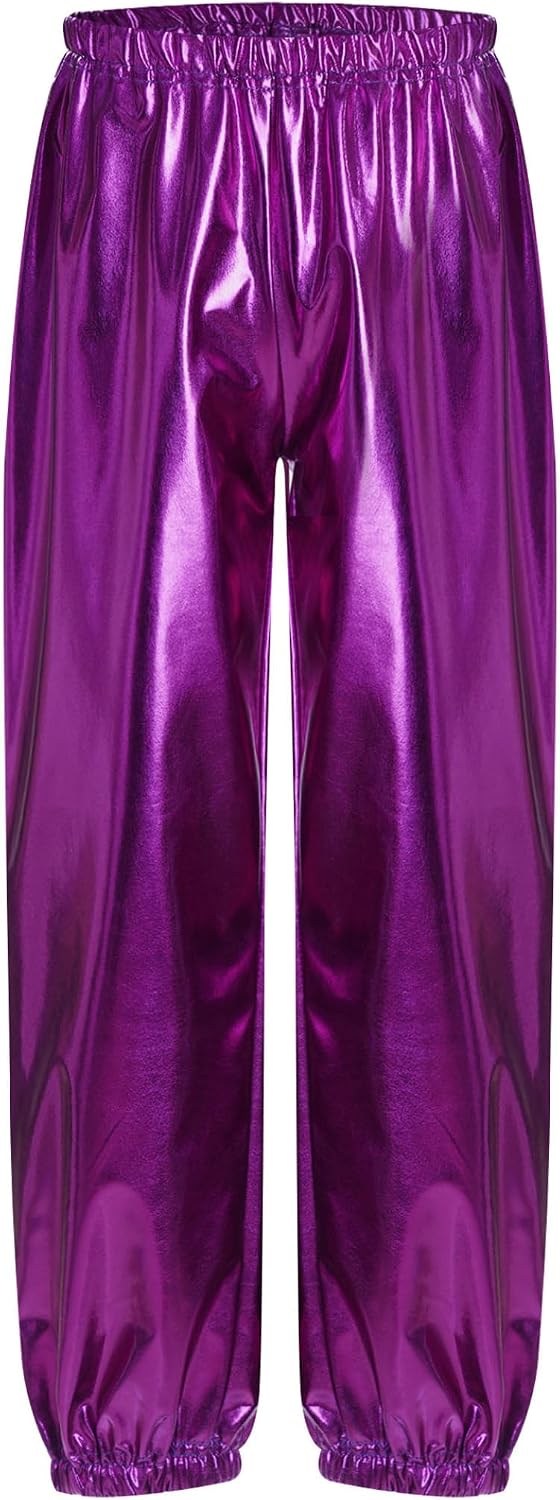 Kids Girls Shiny Metallic Hip Hop Street Dance Harem Pants Gymnastics Yoga Trousers Sport Fitness Sweatpants
