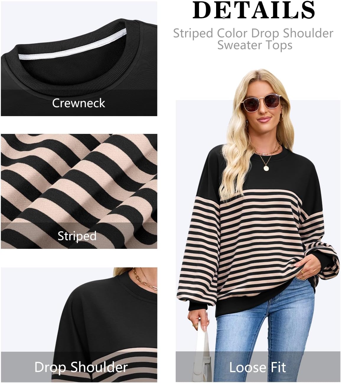 HEYTALALA Womens Oversized Striped Sweatshirts Y2K Long Sleeve Crewneck Sweater Color Block Drop Shoulder Loose Pullover Tops - Image 6