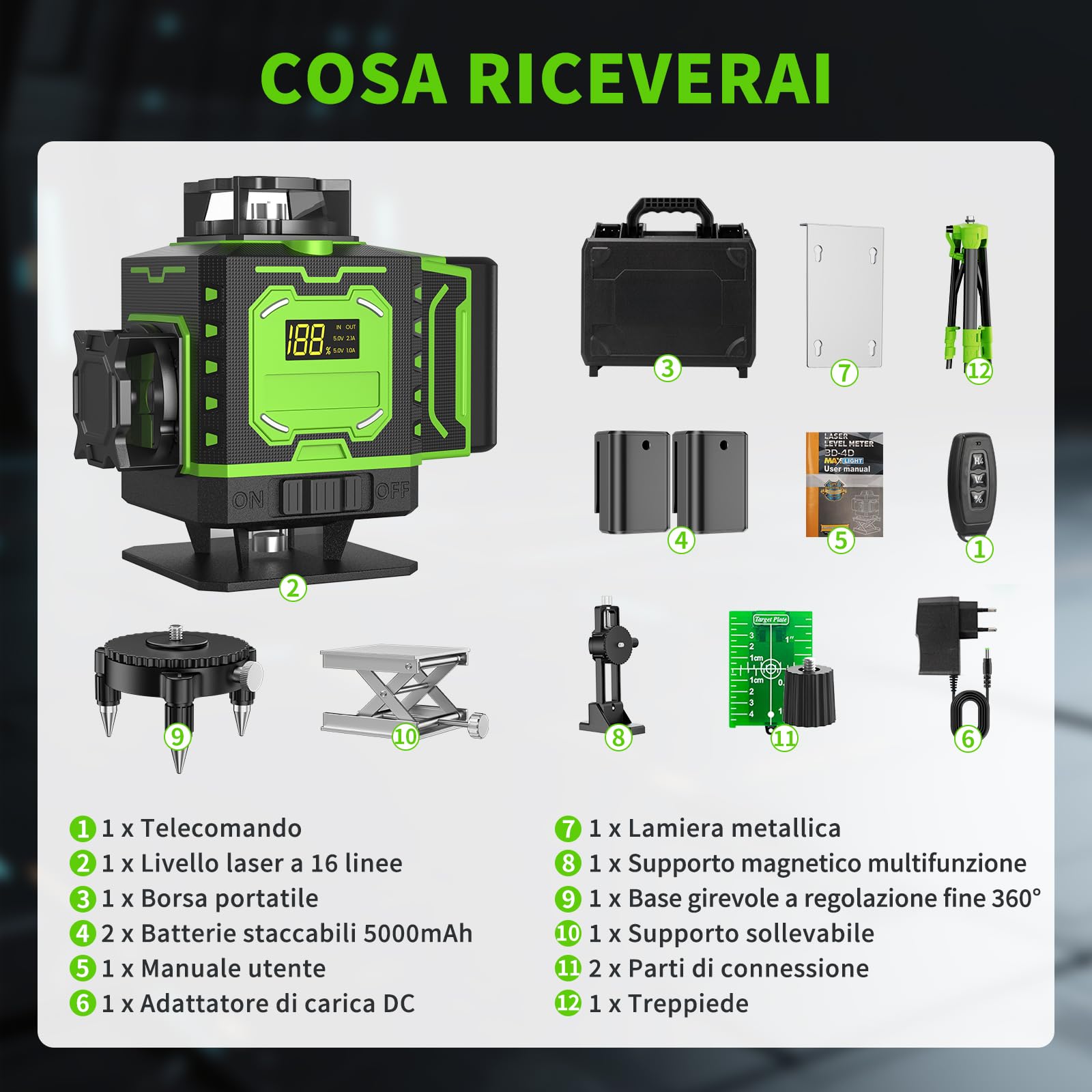 Livello Laser Cantiere Autolivellante 360° x 4 Con Treppiede, Lazer Livelli 4D 16 Linee Laser, Modalità Impulso Esterno, 2 x Batteria, Livellamento Automatico, Supporto Rotante, Telecomando