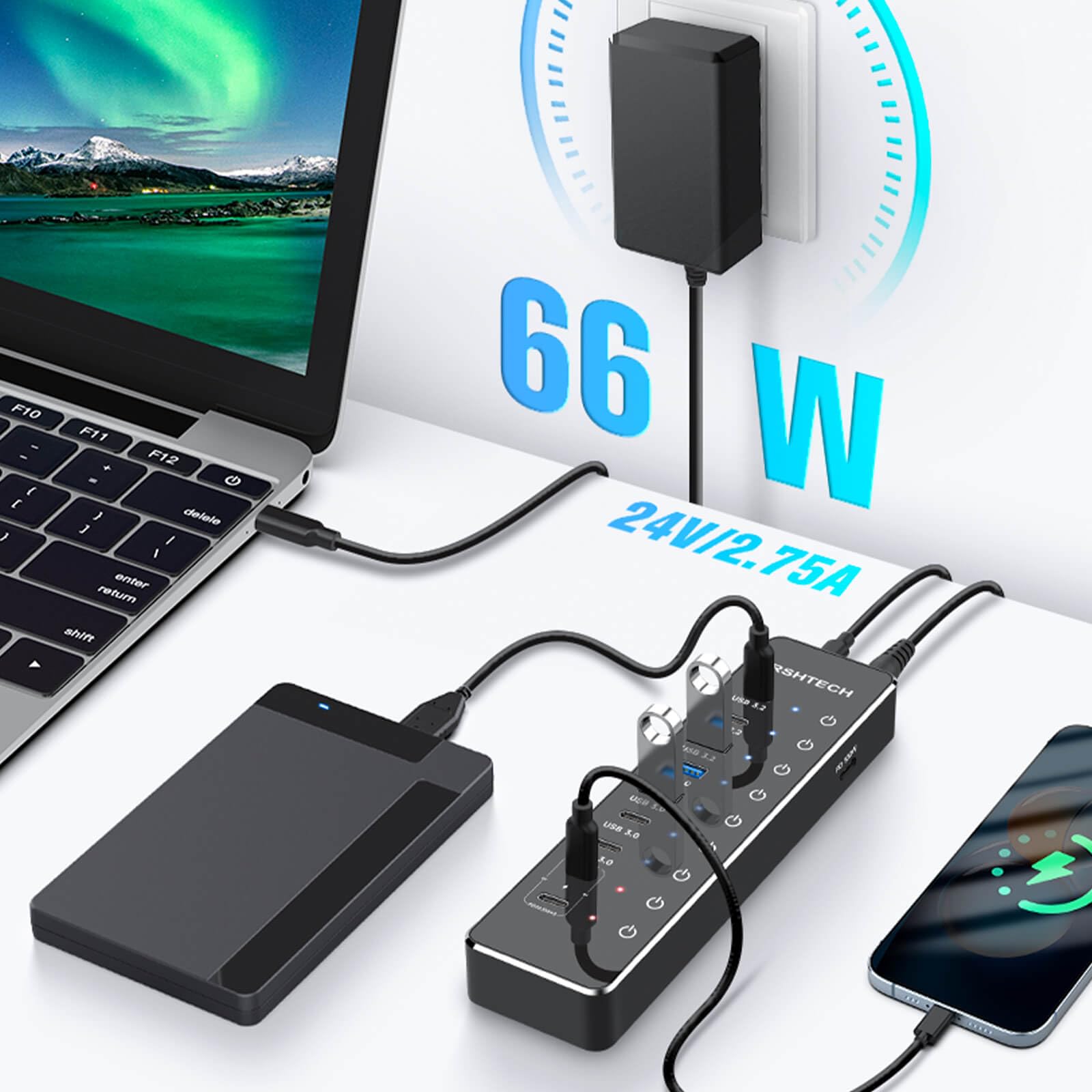 RSHTECH Hub USB Alimentado, 10 Puertos Hub USB C Que 3 Puertos USB 3.2 a 10Gbps (2C+1A), 4 Puertos USB 3.0 a 5Gbps (2C+2A), 2 Puertos USB-C de Carga Rápida a 45W, PD 100W, Adaptador 66W, RSH-ST10P