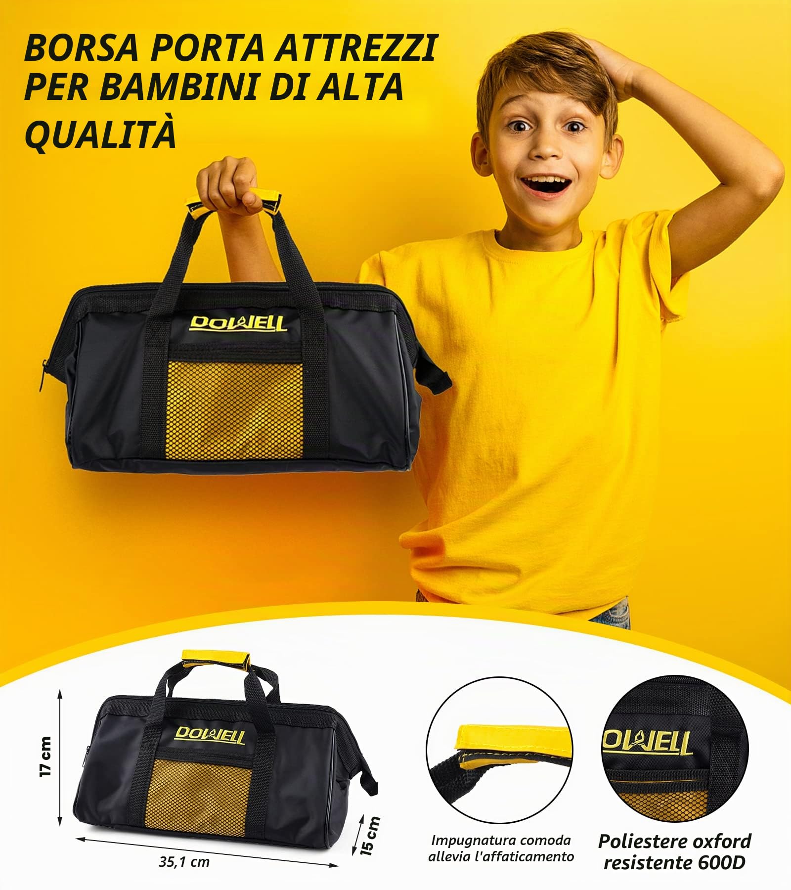 DOWELL Set di attrezzi per bambini con borsa per attrezzi inclusi strumenti manuali in vero metallo per ragazzi e ragazze