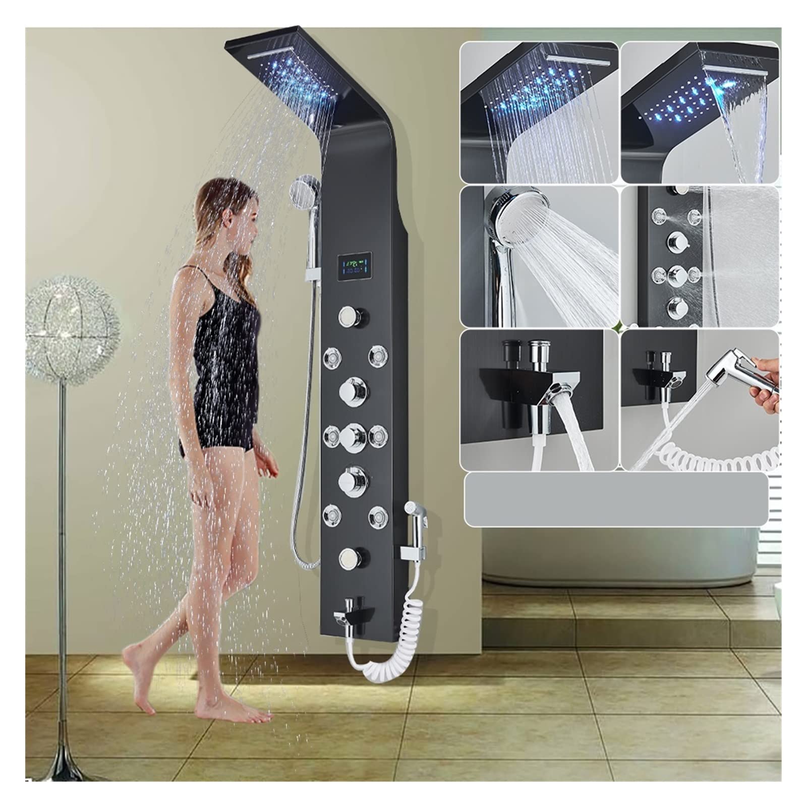 Soywim 8009 Black Shower System, Black Led Shower Panel Six Functions Waterfall Bathroom Faucet Spa Massage Jet Tub Mixer Sprayer(8009 Black)