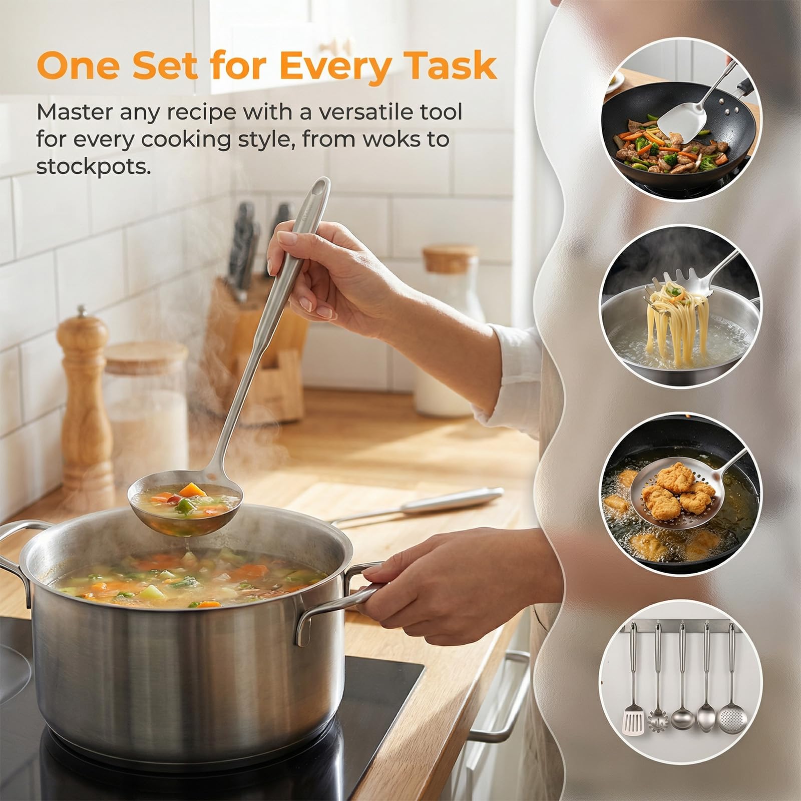 304 Stainless Steel 6 Piece Kitchen Utensils Set, Ergonomic | Anti-Scratch Cookware for Stoves, Long Handle, Heat Resistant, Dishwasher Safe, Ideal for Wok & Cooking
