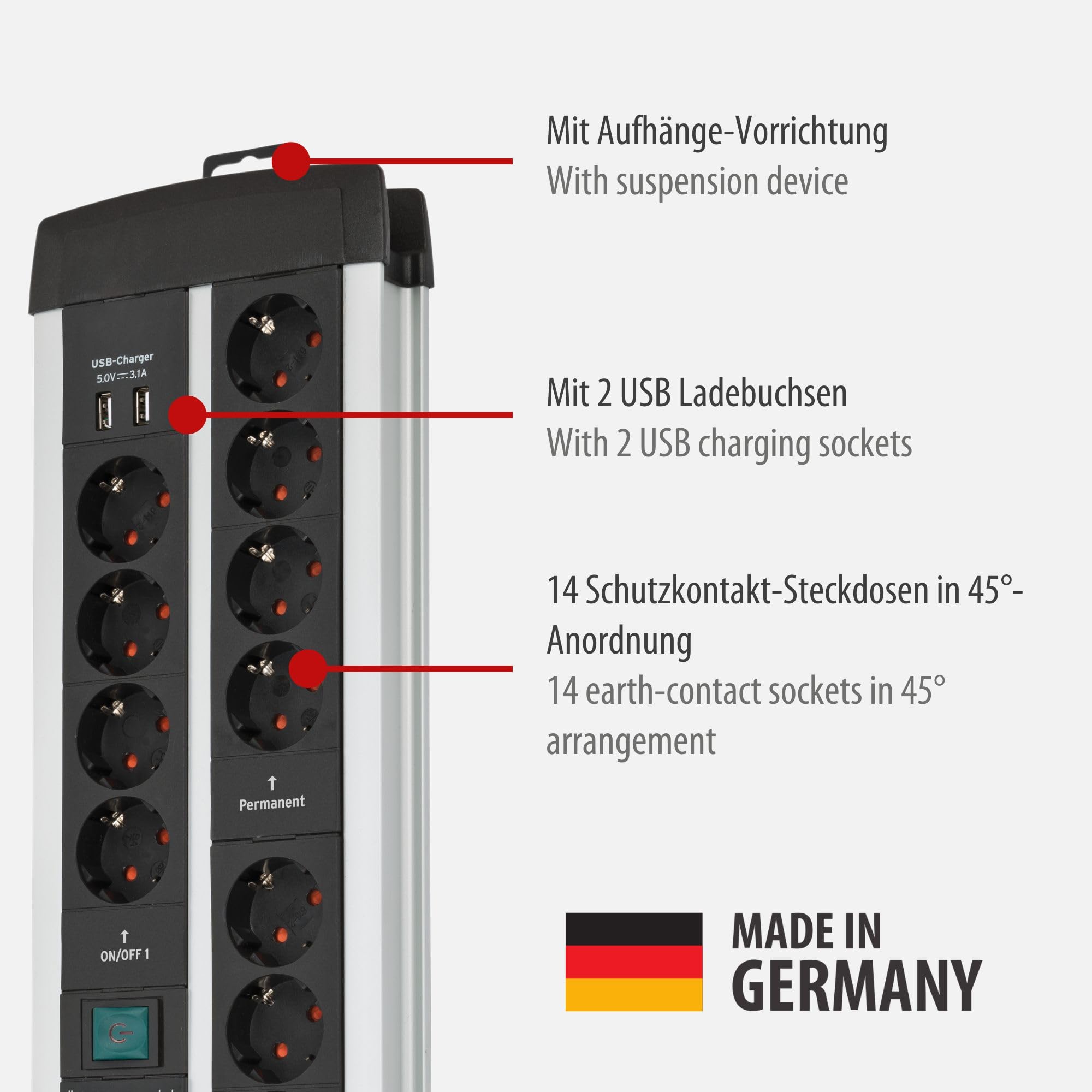 Brennenstuhl Premium-Protect-Line regleta enchufes con USB y 14 Tomas de Corriente, protección sobretensión (Cable de 3m, Interruptor, protección hasta 120.000A, Fabricado en Alemania)