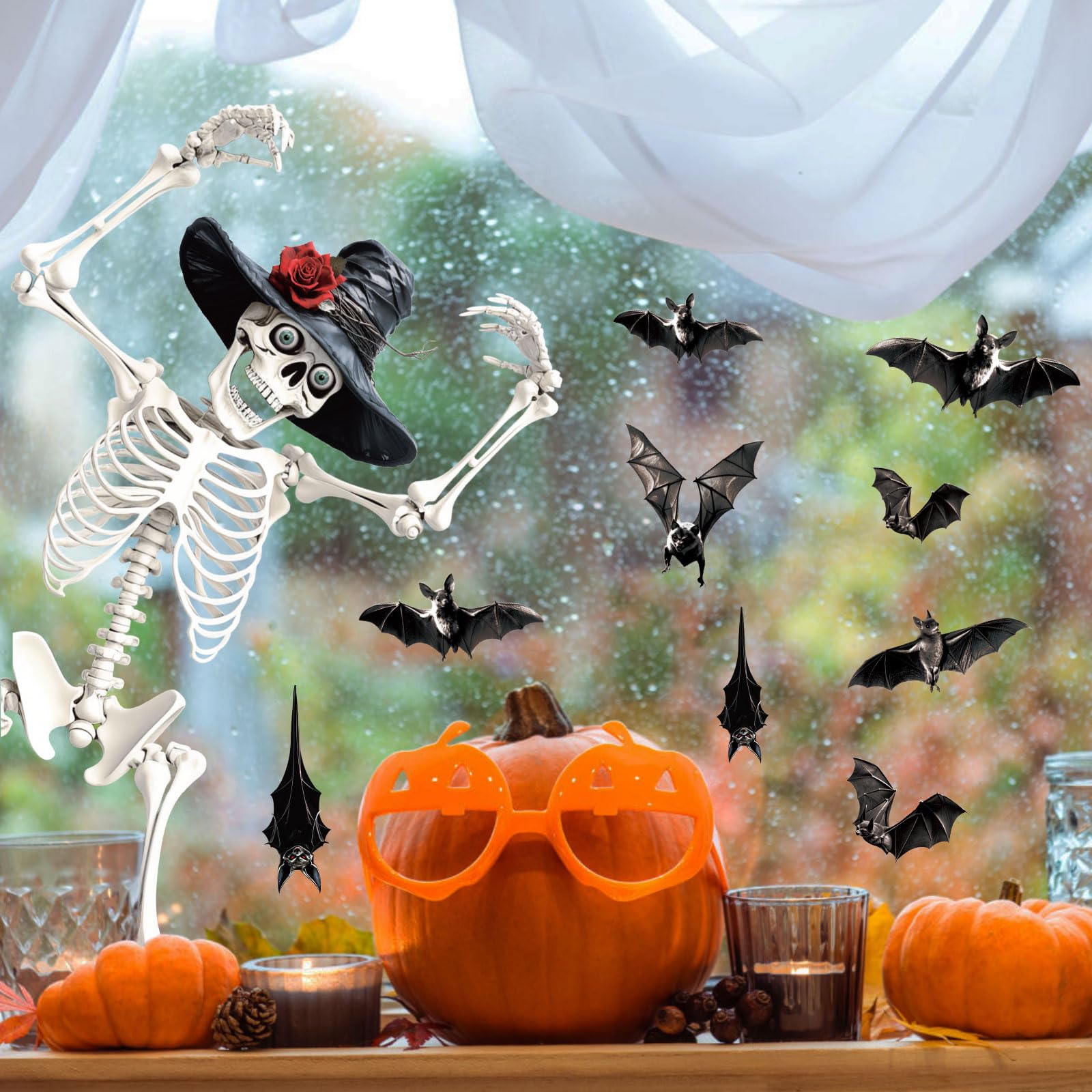 Halloween Fensteraufkleber Set - 82 Stück Elektrostatisch, Abnehmbar Mit Skelett & Kürbis