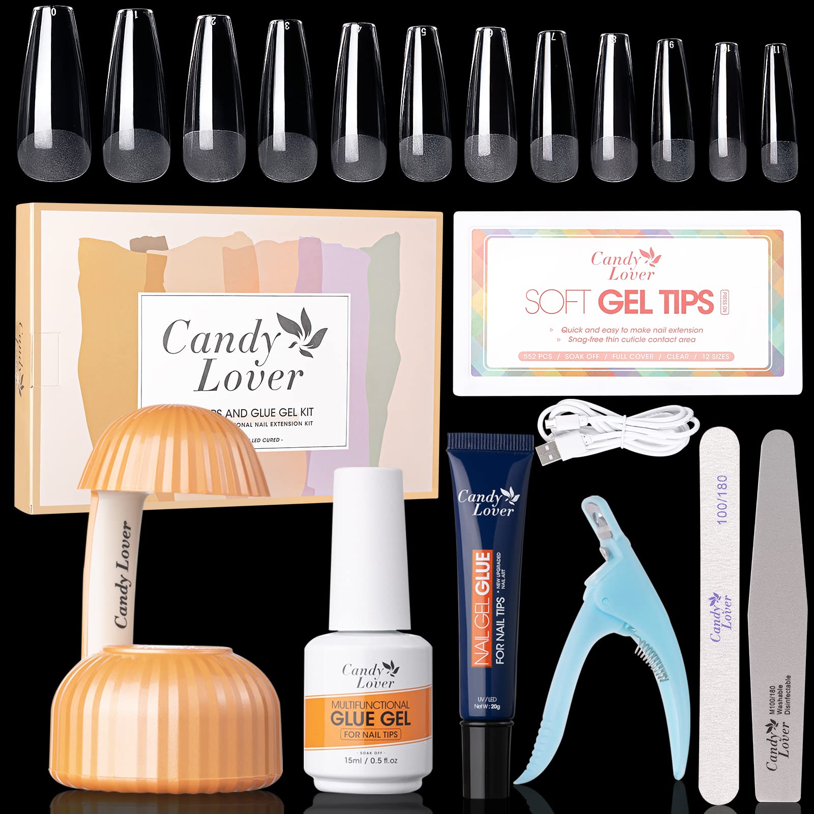 Candy Lover Gel Nail Extension Kit, Gel x Nail Kit 552 Pcs Long Coffin Fake Nails Tips with 4-in-1 Nail Glue Gel and Mini Nail Lamp, Acrylic Extension Nail Kit for Women Girls Valentine's Gift