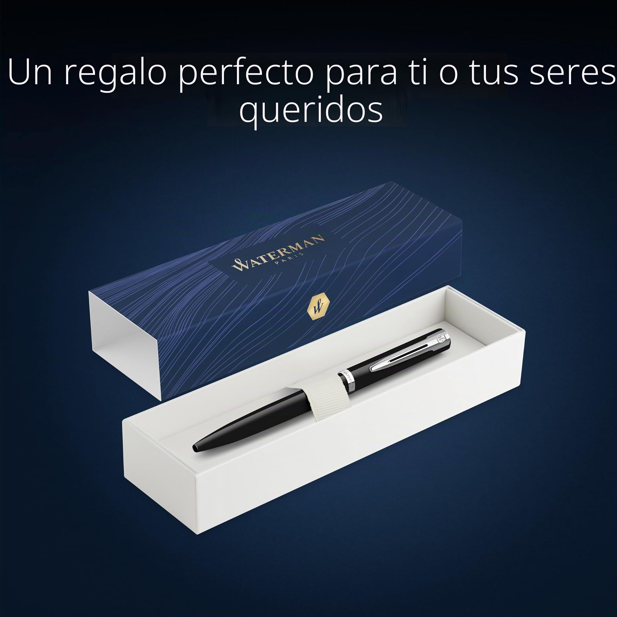 Waterman Impression Bolígrafo | Punta media con recarga de tinta azul | Laca negra con adornos chapados en paladio | Caja de regalo