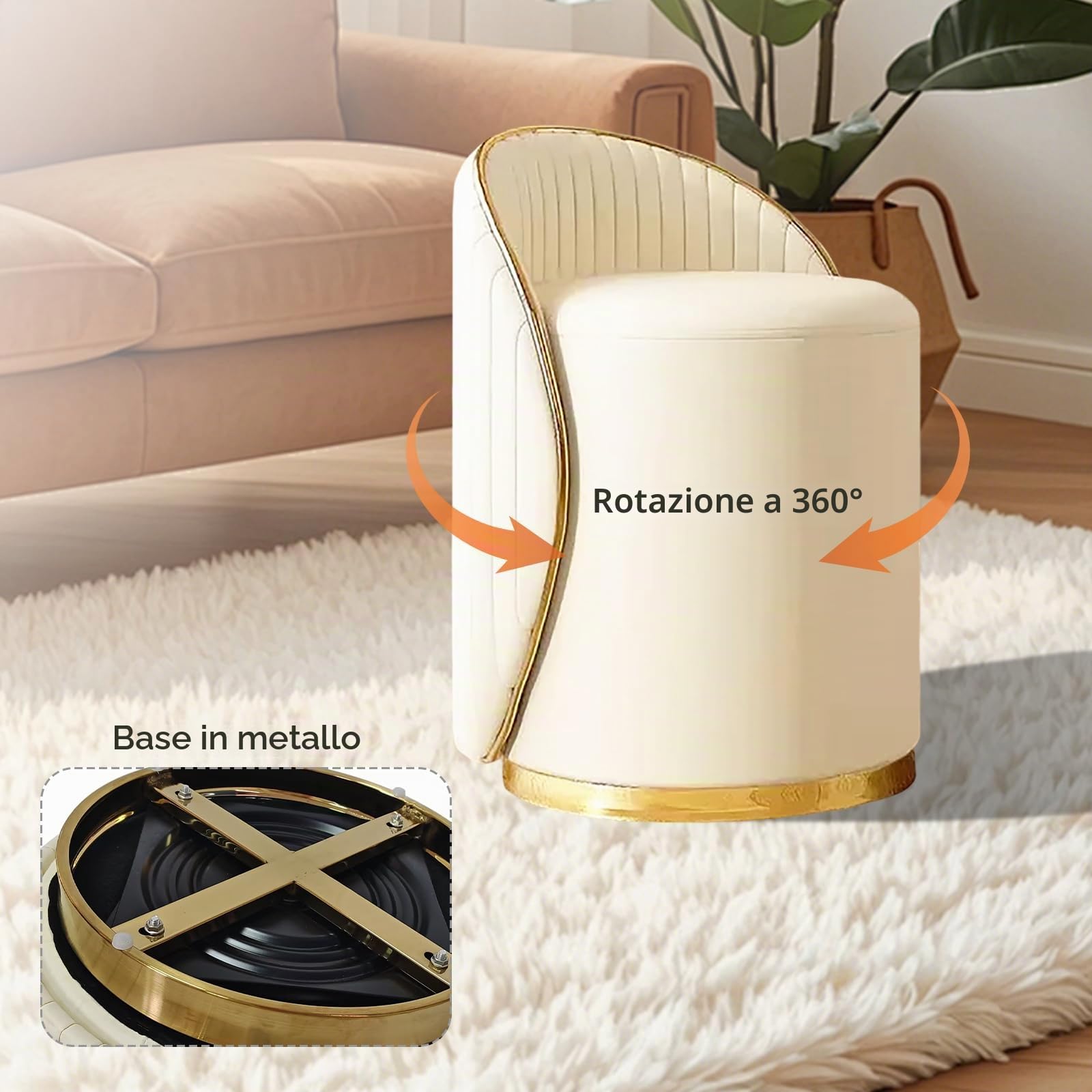 Sgabello per Toeletta Trucco, Sedia Trucco con Rivestimento in Pelle e Telaio in Legno, Girevole a 360°, Sgabello Imbottito per Soggiorno, Camera da Letto (beige)