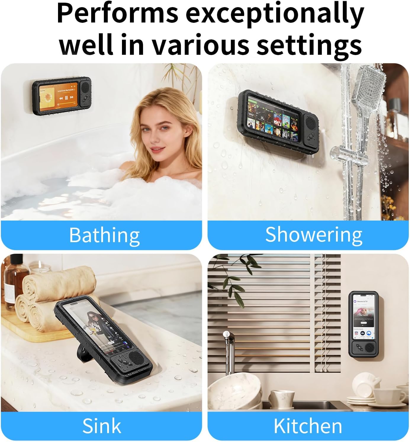 Shower Phone Holder Waterproof with Speaker Hole,360° Rotation Shower Phone Case Holder,Anti Fog Phone Stand Mount for Bathroom Bathtub Kitchen Wall Mirror,for 4-7" iPhone 17 S25 Ultra(Black)