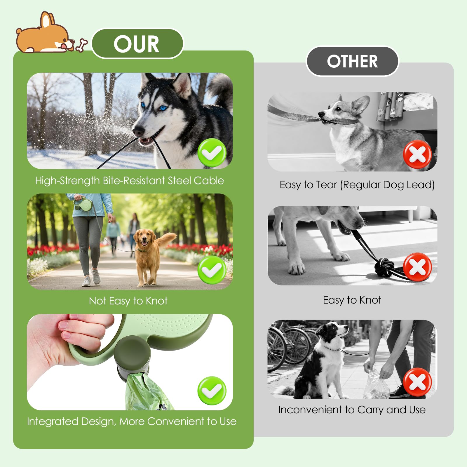 Einziehbare Hundeleine 9m, Rollleine für Hunde bis 50kg, Hundeleine mit Stahlseil & Kotbeutelhalter, Retractable Leine Anti-Verdreh Design für Training, Wald, Strand