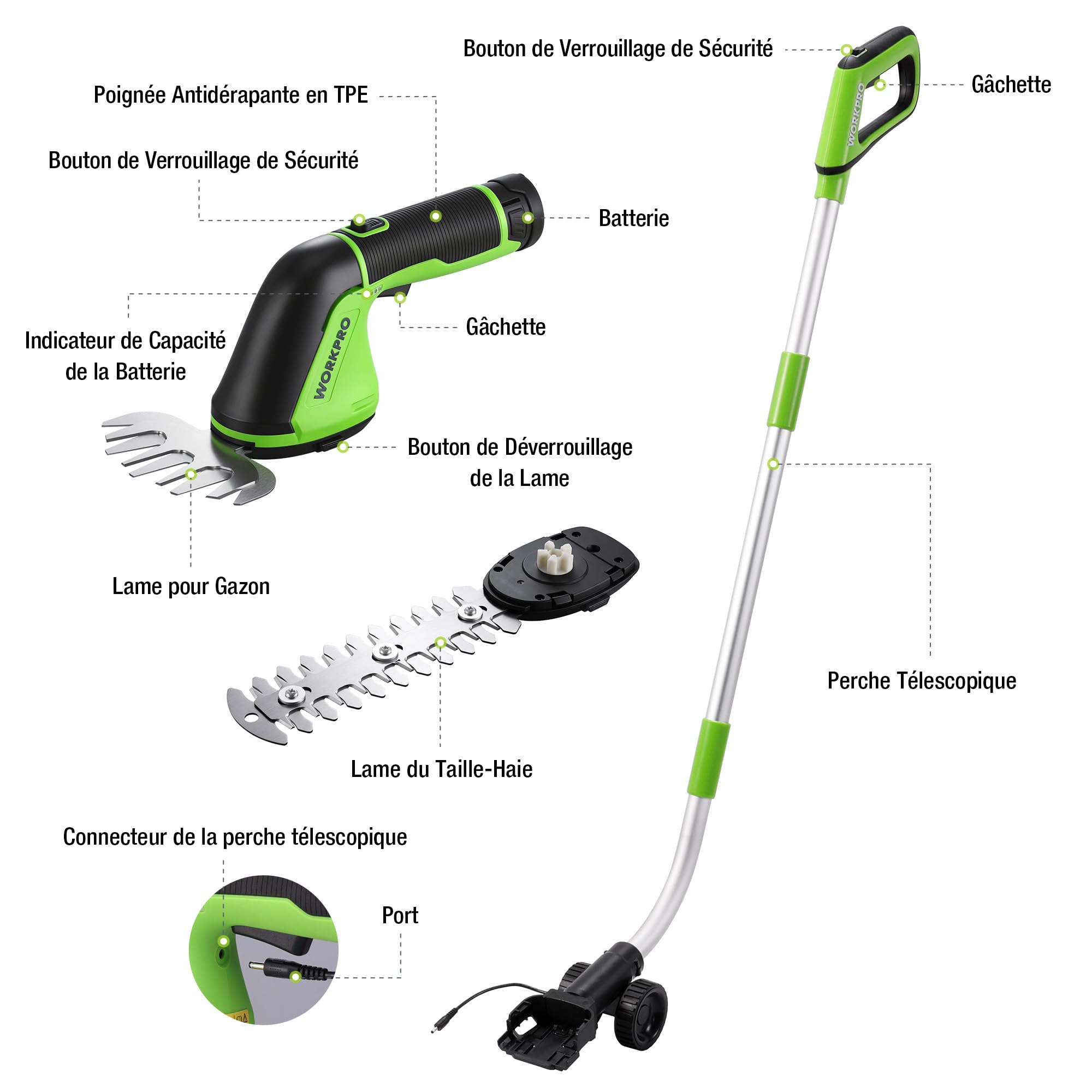 WORKPRO 3-en-1 Cisaille à Gazon et Taille-Buissons sans Fil 12V, Manche Télescopique avec Roues, Batterie Lithium 2000mAh, Lames Acier Précises, Outil Jardin Léger et Ergonomique