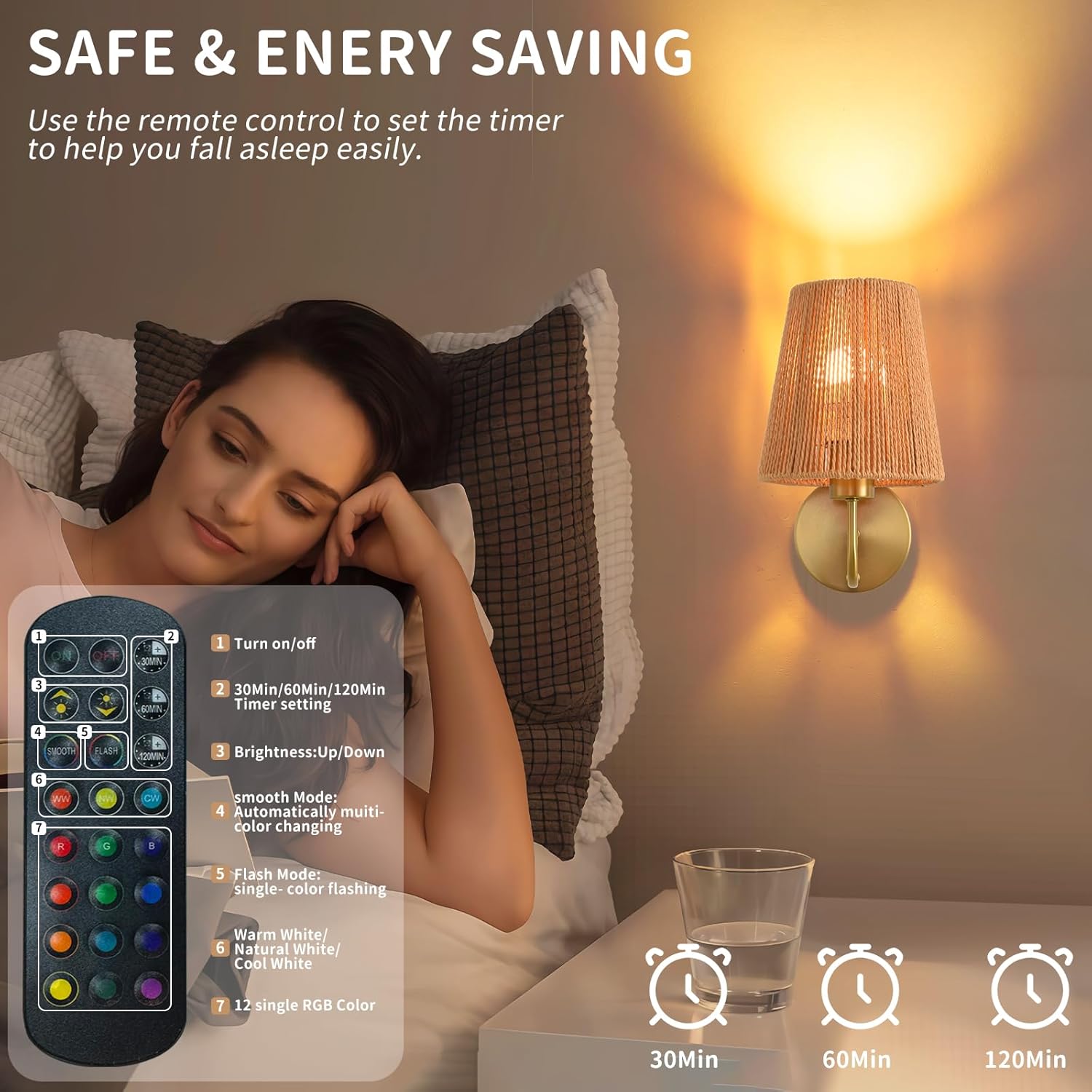 Boho Battery Operated Wall Sconces Set of 2, Gold Rattan Shade Wireless Wall Lights with Remote Rechargeable Bulbs, 15 Colors and Dimmable, Cordless Battery Powered Wall Lamp for Living Room Bedroom