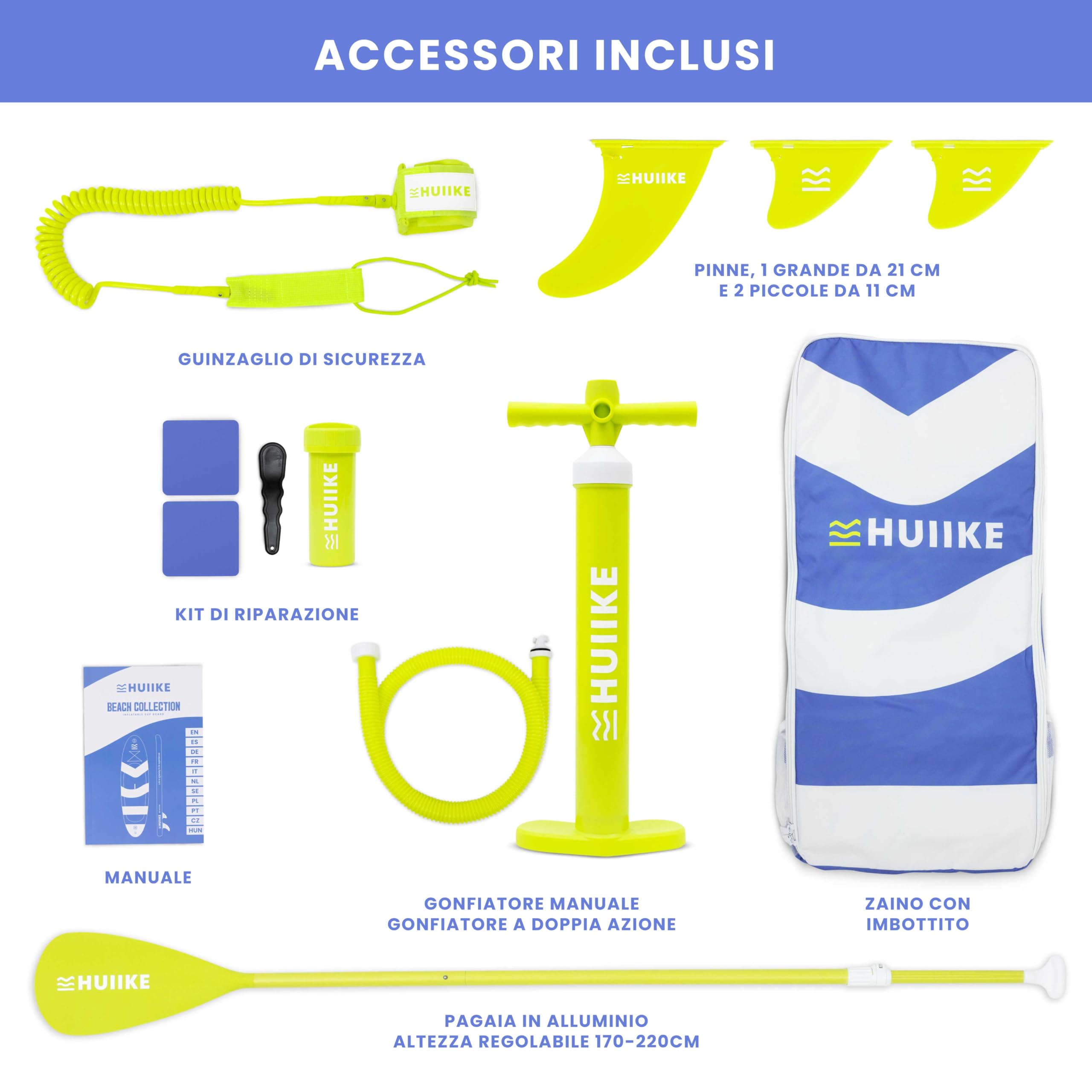 HUIIKE Tavola Sup Gonfiabile Adulti con Accessori Inclusi, Pagaia, Pinne, Pompa. Stand Up Paddle Board con Grande Stabilità e Resistenza. 305 x 84 x 15 cm, Carico Massimo 130 kg