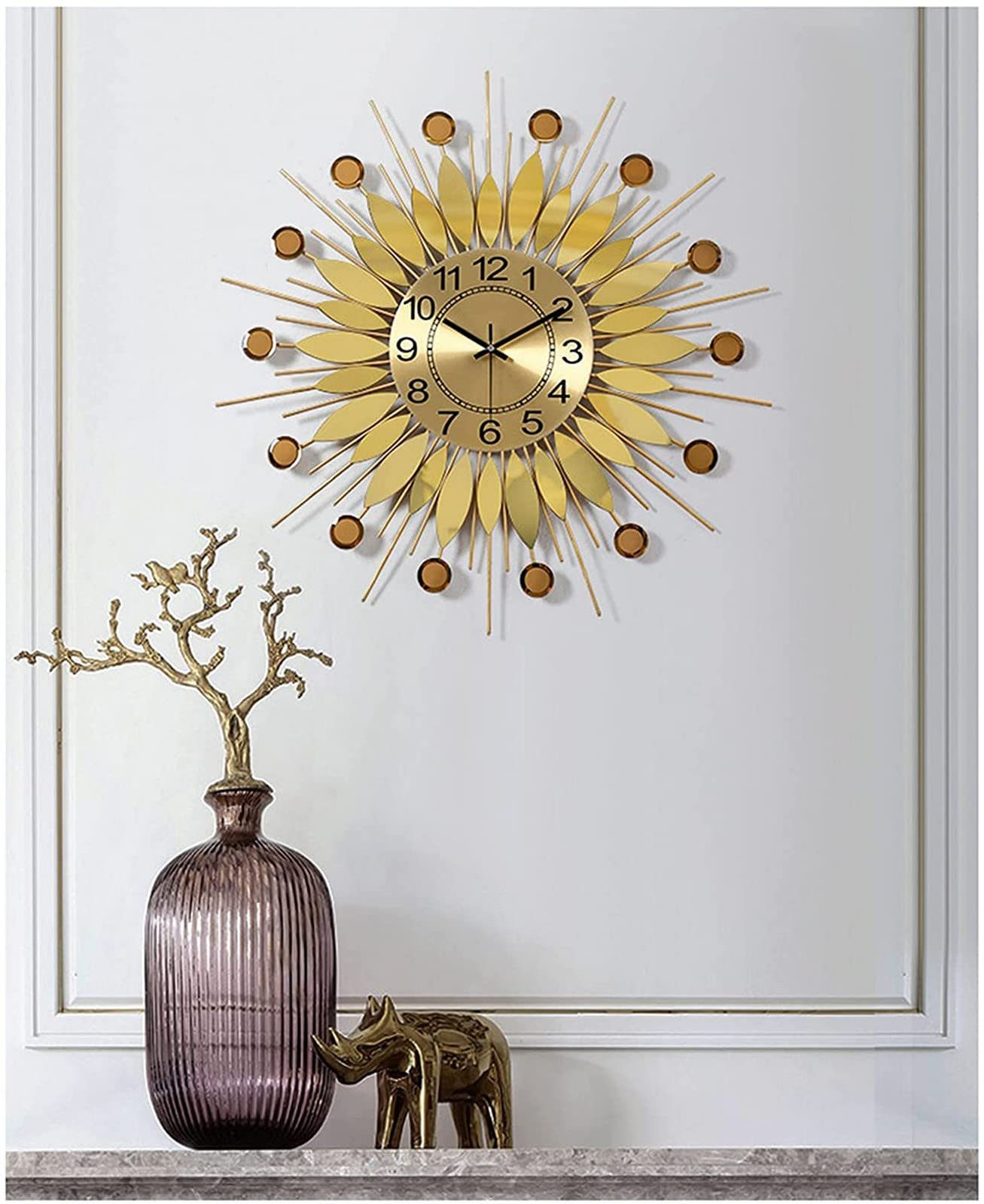 SaryEdge Wall Clock Art Clock 60Cm Decorative Wrought Iron Wall Clocks,Large 3D Silent Non Ticking Quartz Clock,Creativity Bedroom Office Wall Watches for Living Room,Gold,23.6In,
