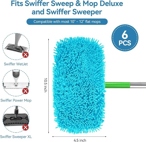 6 Pièces Lingettes Reutilisable pour Swiffer Sweeper, 25,4 x 11,5 cm Chiffons de Serpillière Microfibre pour Sweeper, Lavables Mop de Chiffons de Rechange en Microfibre, pour Nettoyage Sec et Humide - 2
