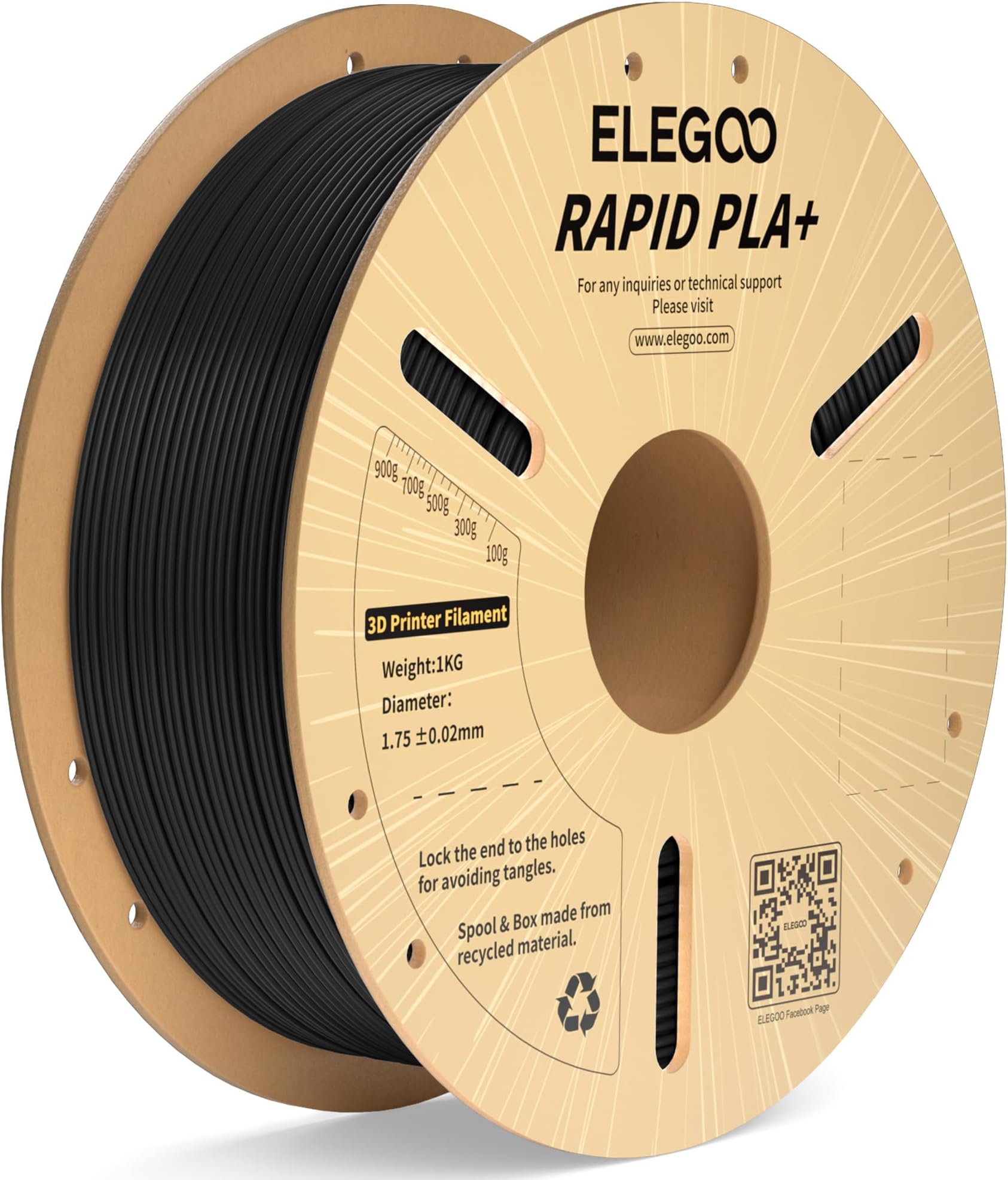 ELEGOO Rapid PLA Plus Filament 1.75mm Black 1KG, PLA+ 3D Printer Filament Up to 600 mm/s High Speed Printing, Dimensional Accuracy +/- 0.02 mm, 1kg Cardboard Spool(2.2lbs)