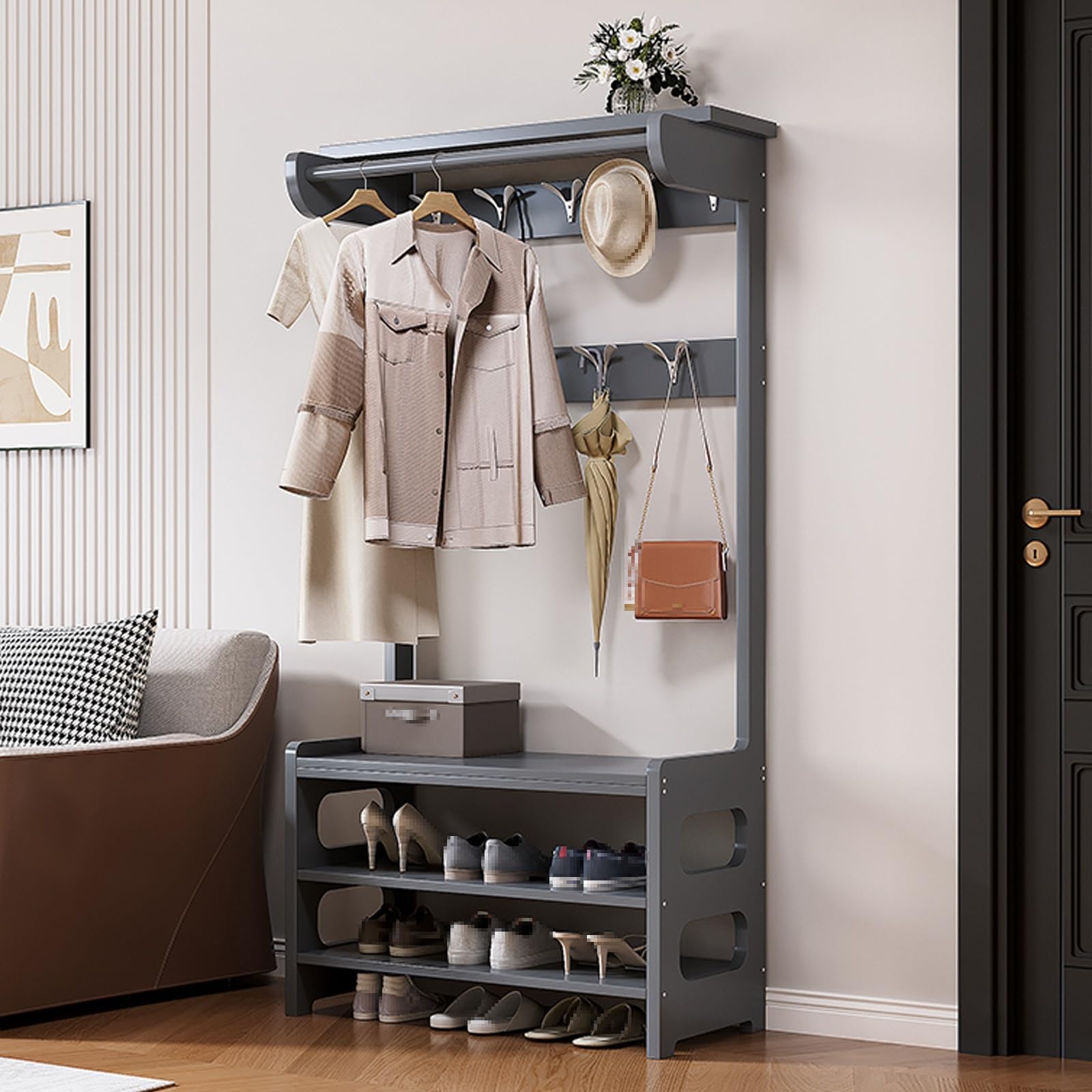 Meuble d'entrée polyvalent gris de 81cm pour ranger vestes et chaussures au salon