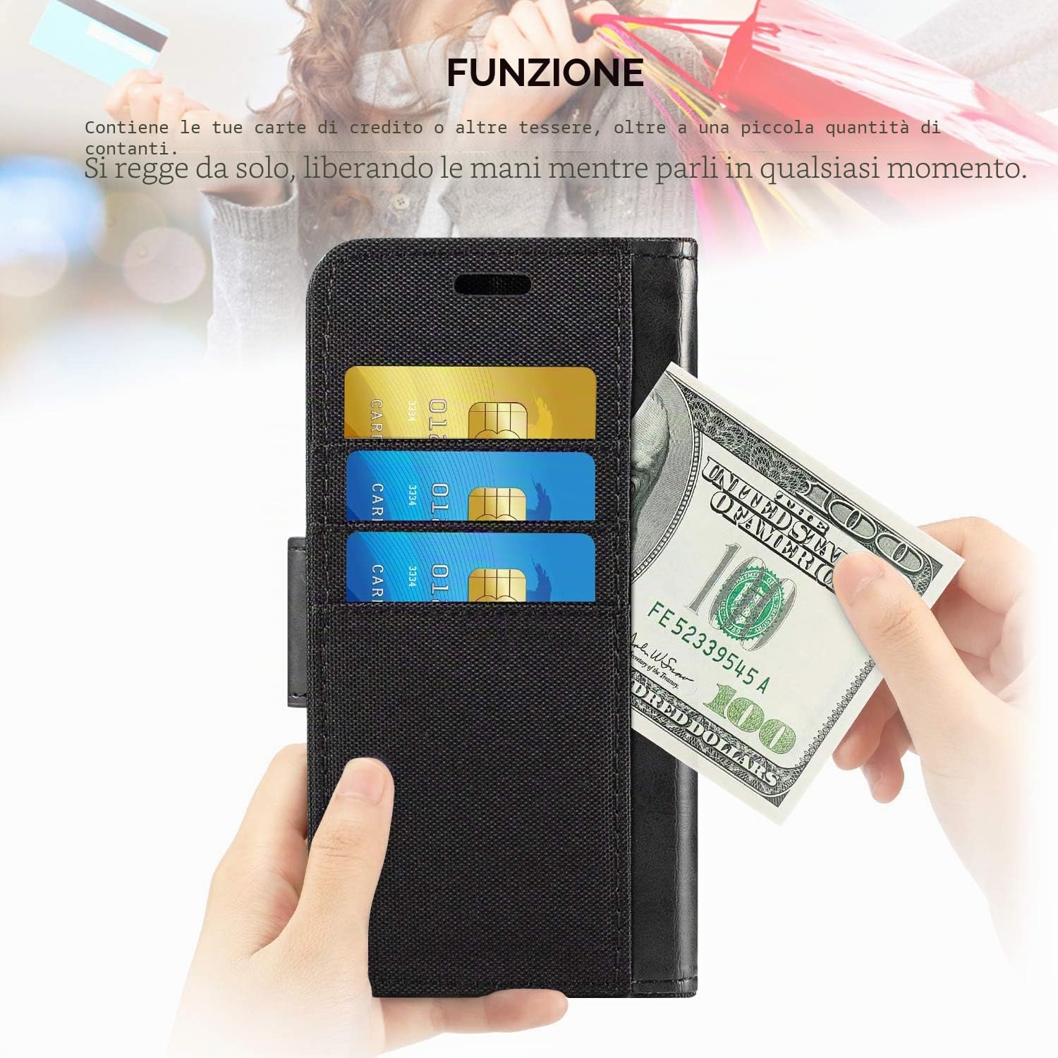 Custodia Flip in Tessuto Oxford e Pelle PU Compatibile con Doogee S118, Cover Protettiva con Chiusura Magnetica e Tasche per Carte (Nero) | 6.58" Custodia flip portafoglio in tessuto Oxford con guscio interno in TPU, supporto integrato e portacarte