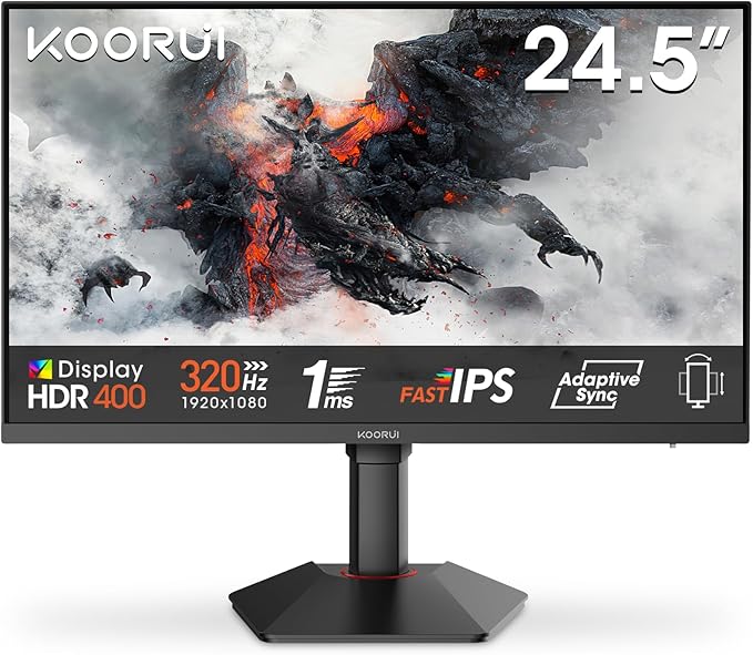 KOORUI G2511E 320Hz 24.5" Full HD Fast IPS Monitor Gaming, GTG 1ms, 1920x1080, Adaptive Sync, HDR400, 95% DCI-P3, Altura Ajustable, Giratorio, Inclinación, 2xHDMI 2.0, DP 1.4, VESA