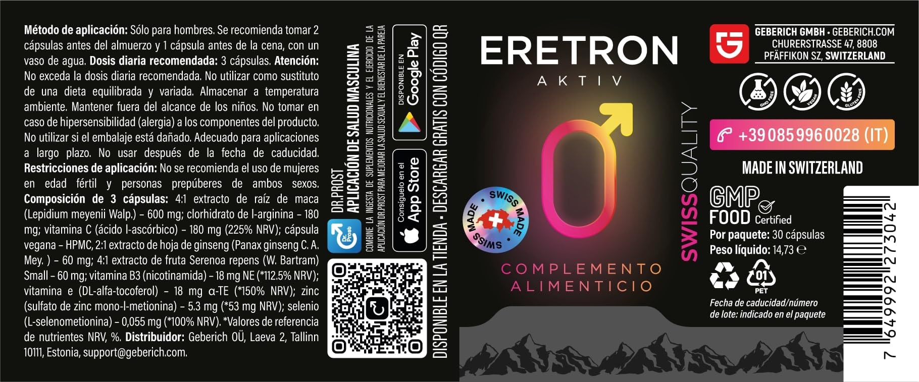 Cápsulas ERETRON AKTIV | Bienestar Masculino | Extracto de Maca 4:1 600mg, L-Arginina 180mg | Sostiene el Tono Diario | con Ginseng, Serenoa Repens, Zinc, Selenio | Vitaminas C, B3, E | 30 Cápsulas