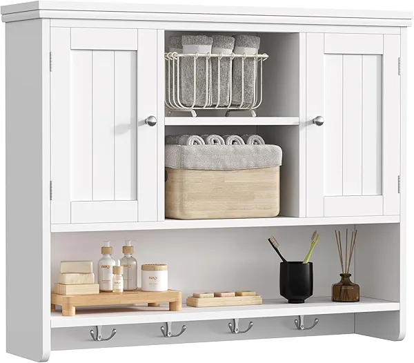 Irontar 31.5" L Large Medicine Cabinet with 4 Hooks, Wooden Bathroom Wall Cabinet with Shelf, Modern Hanging Cabinet Over Toilet, Lined Door, for Living Room, Entryway, Kitchen, White